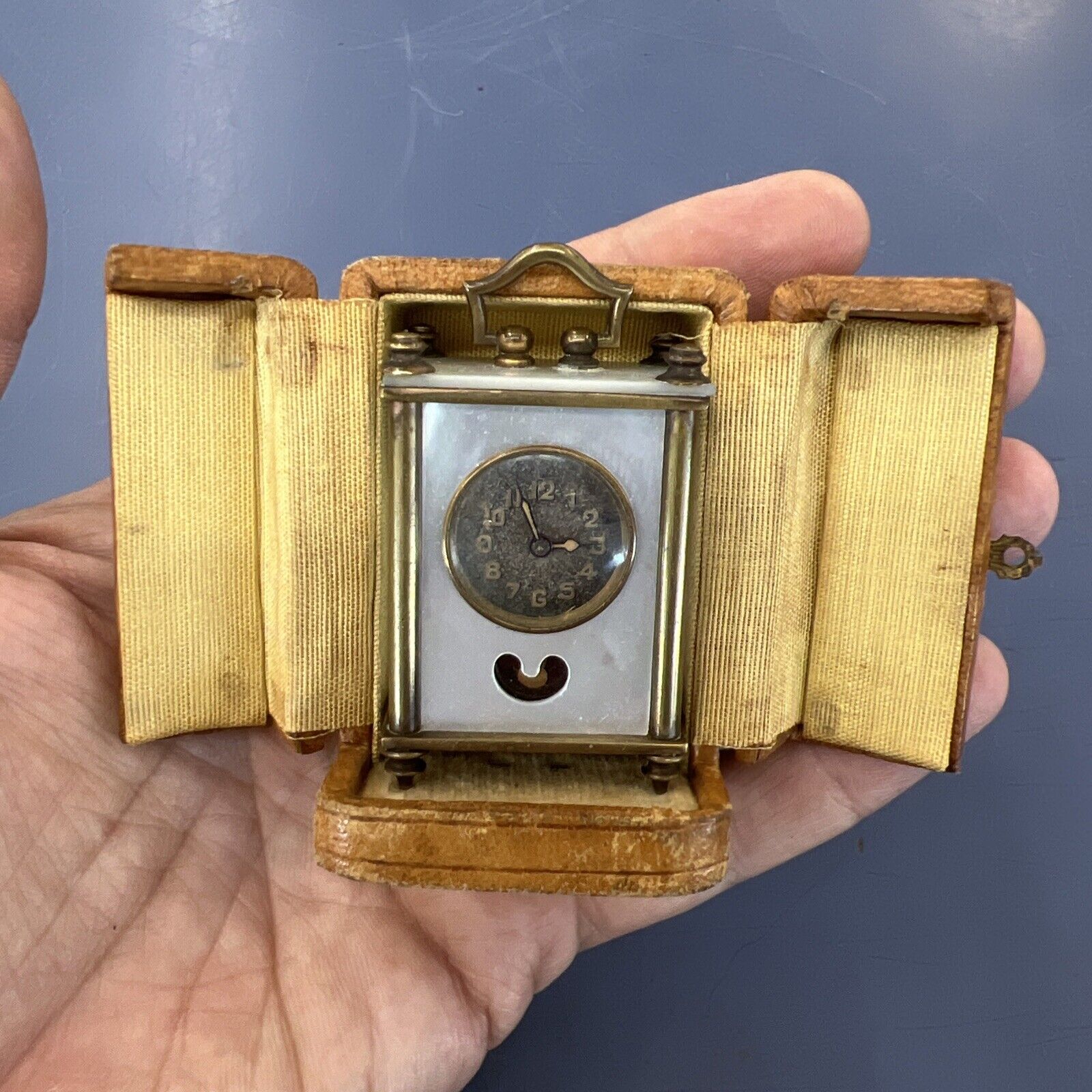 Beautiful Miniature Swiss Carriage Clock Lancel Brevet Metal Dore W/case MOP