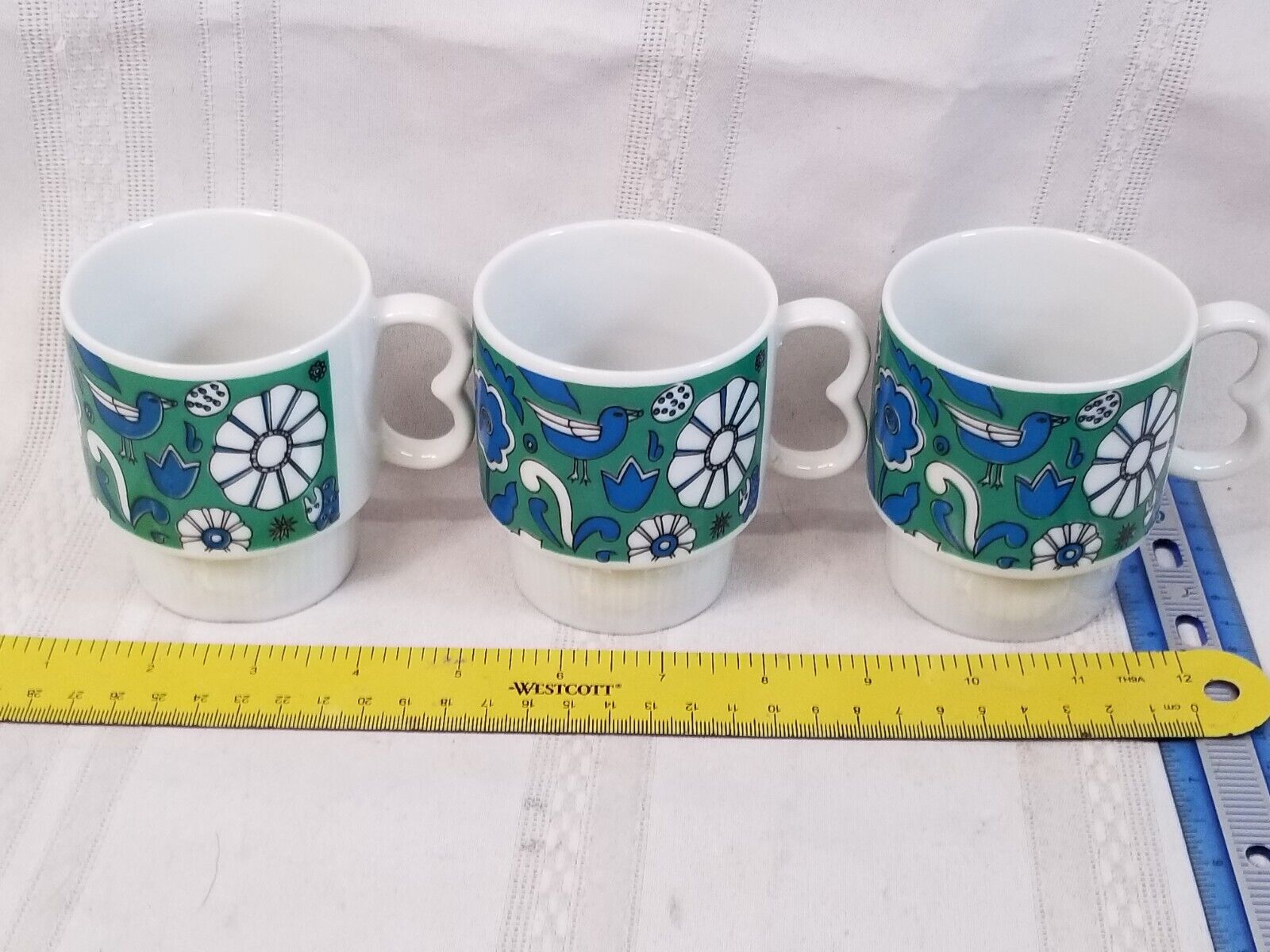 3 Stylecraft MCM Flower Birds Japan Ceramic Stacking Coffee Mugs Cups Blue Green