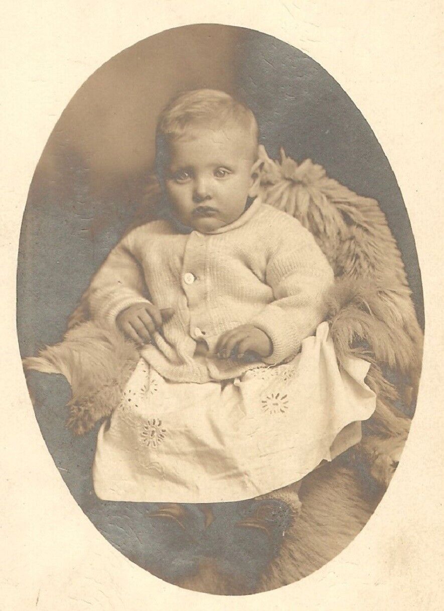 Old Vintage Antique Real Photo RPPC Postcard Blonde Baby Girl or Boy w/ Sweater