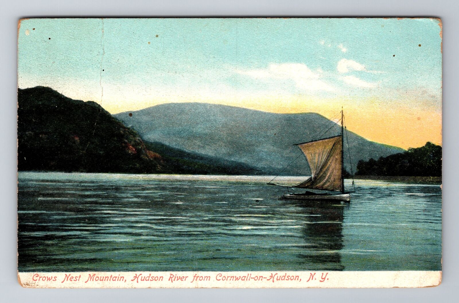 Cornwall on Hudson NY-New York, Crows Nest Mt, Hudson River, Vintage Postcard
