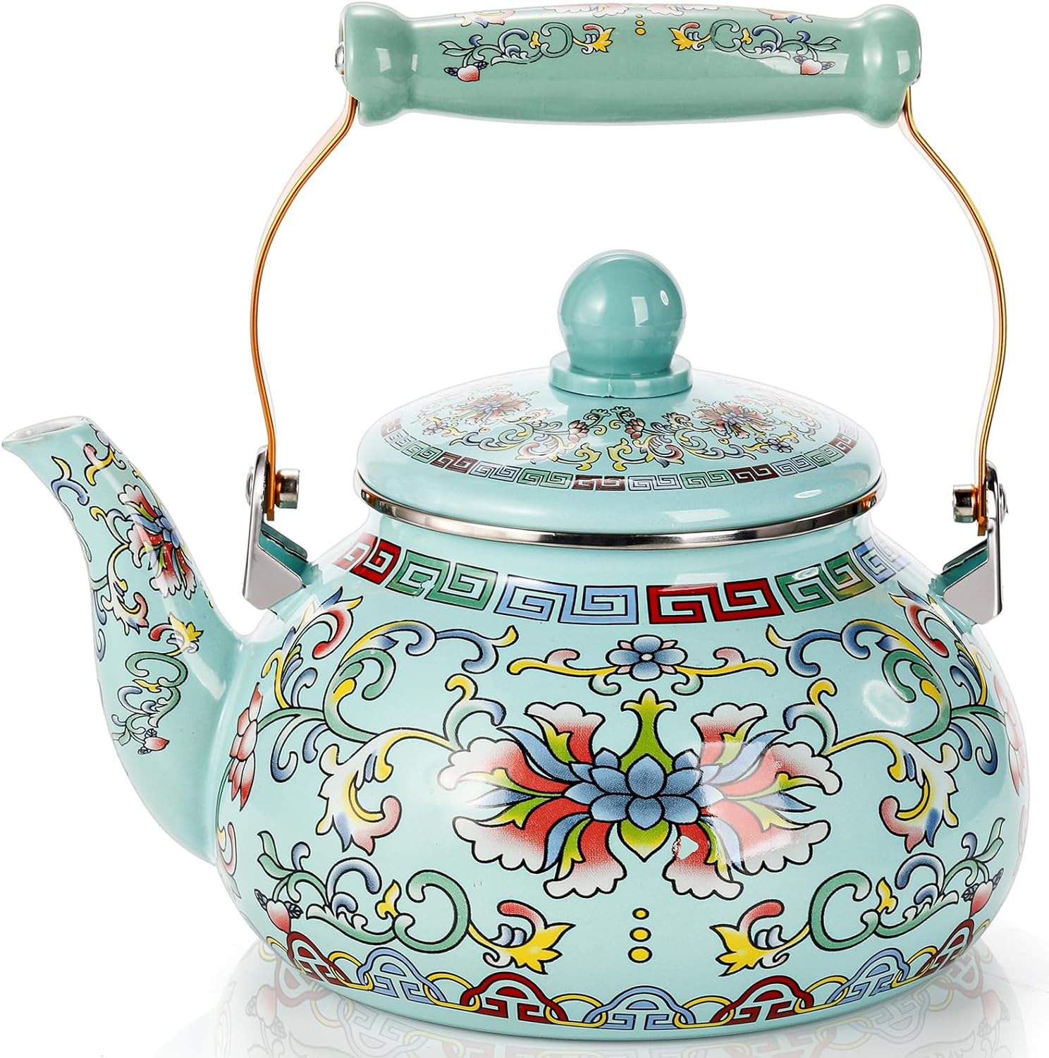 2.6 Quart Vintage Enamel Tea Kettle, Large Enameled Floral Teapot, Flower Enamel