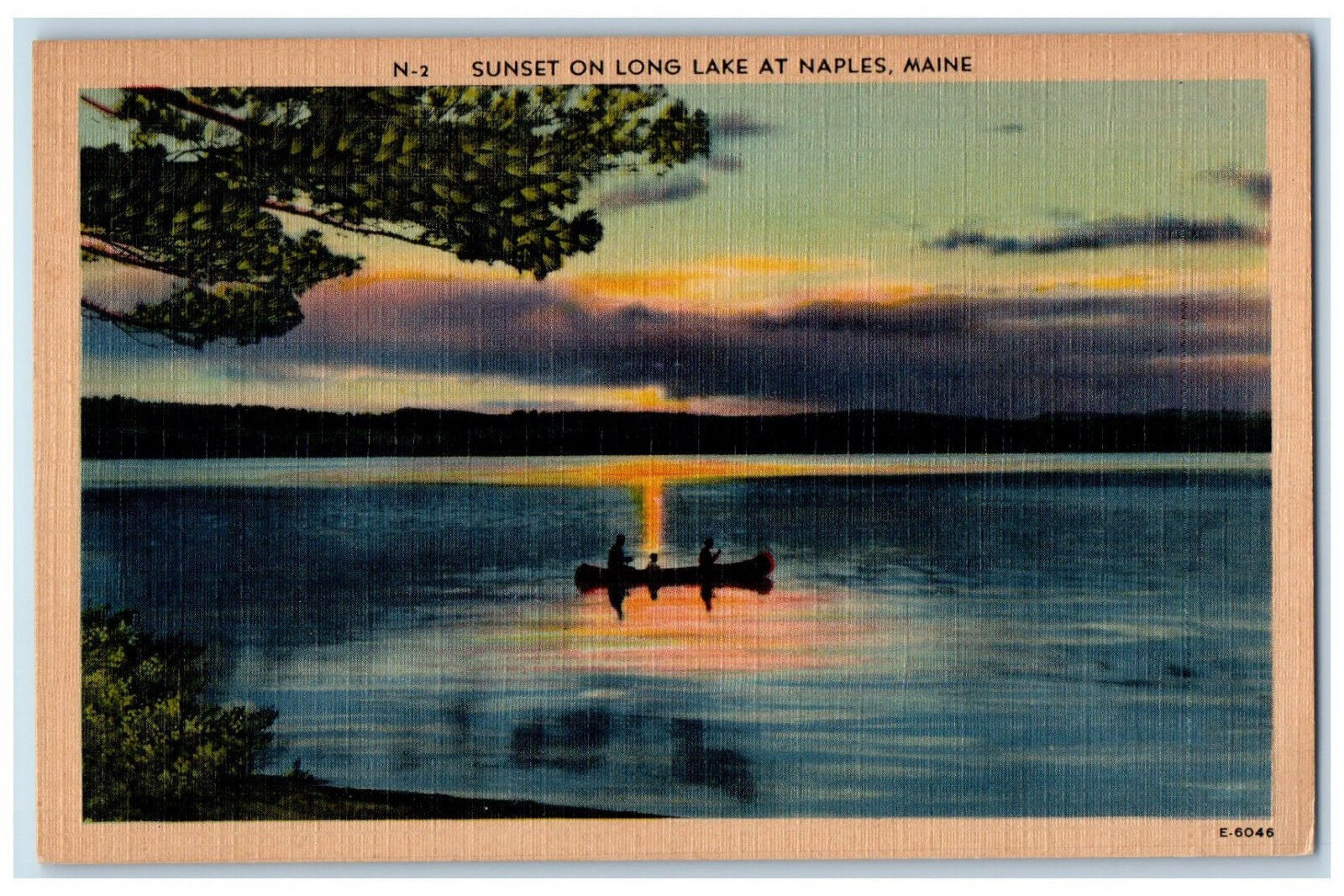 c1940\'s Boat Scene, Sunset on Long Lake at Naples Maine ME Vintage Postcard