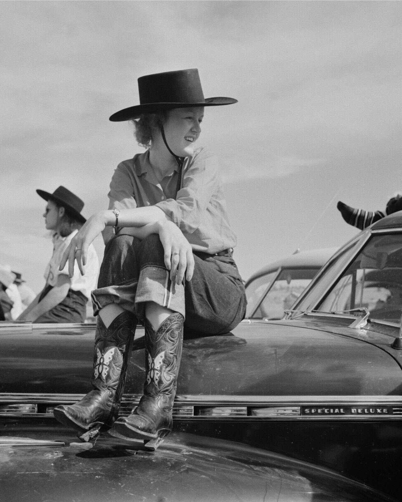 Cowgirl Vintage Photograph Sitting On Car Rodeo Western Life Montana 1930s 8x10