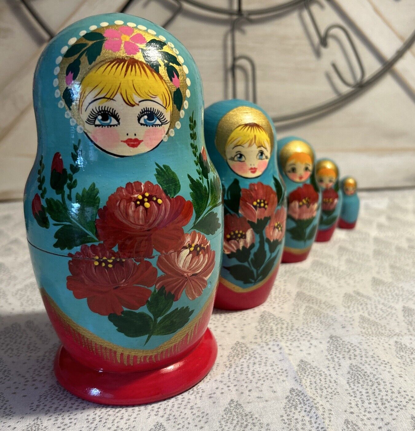 VTG Russian Matryoshka Handmade Nesting doll Flowers - 5 Pce
