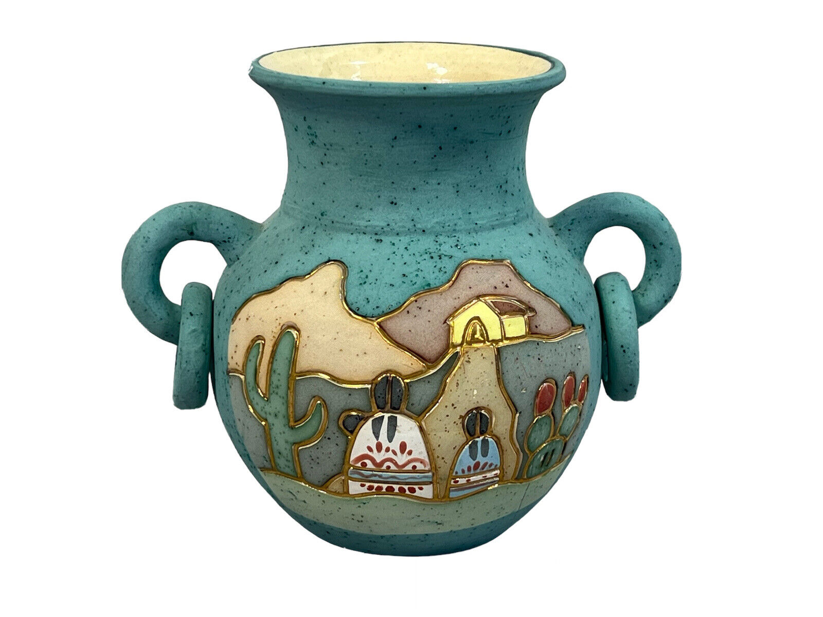 Ceramica Gardiel Linea 24K Gold Mexico Pottery Blue Vase/Jug Turquoise signed