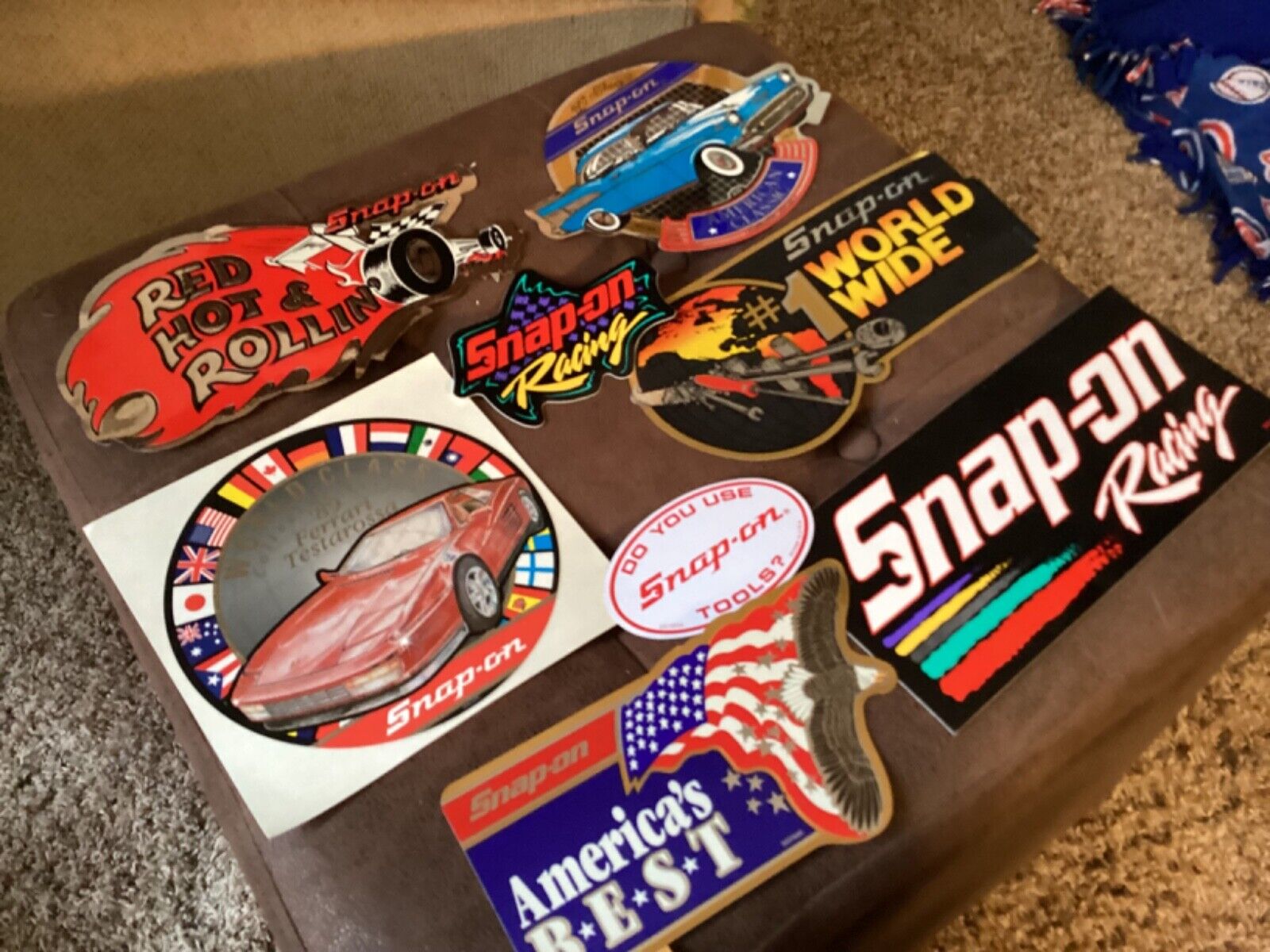 lot of eight. snap on decals. tool box stickers racing.  Bel -air.  Ferrari  etc
