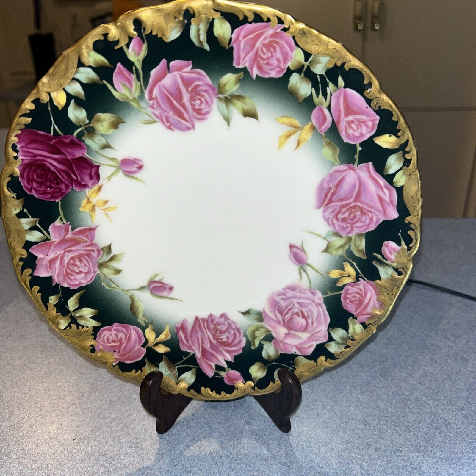 Antique Limoges T&V France Hand-Painted Pink Roses Rococo Style  Floral Plate