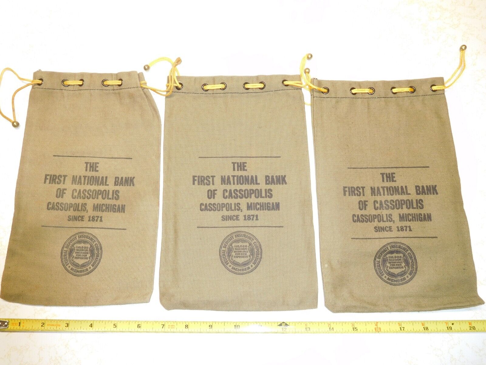 3 Vintage First National Bank of Cassopolis, Michigan  Canvas Deposit Bags