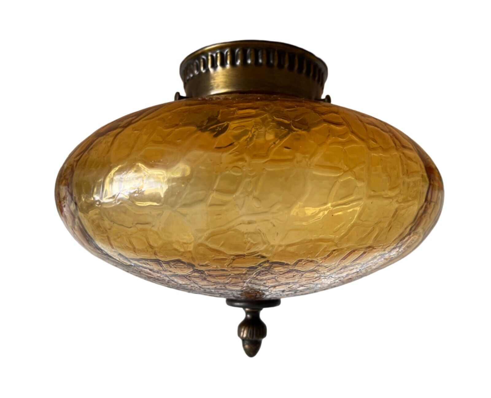 Vintage MCM Amber Crackle Glass Ceiling Light Fixture, mount. hardware