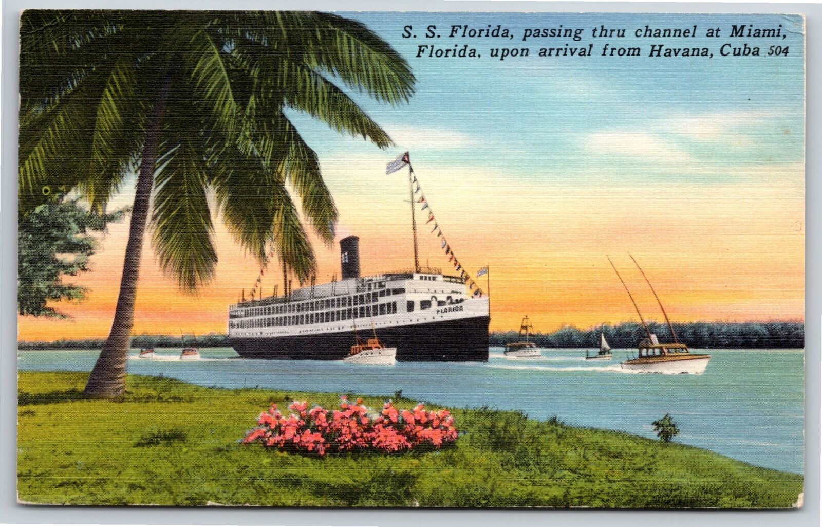 Miami FL~SS Miami Cruise Ship Passing Thru Channel~PM 1957~Vintage Linen PC