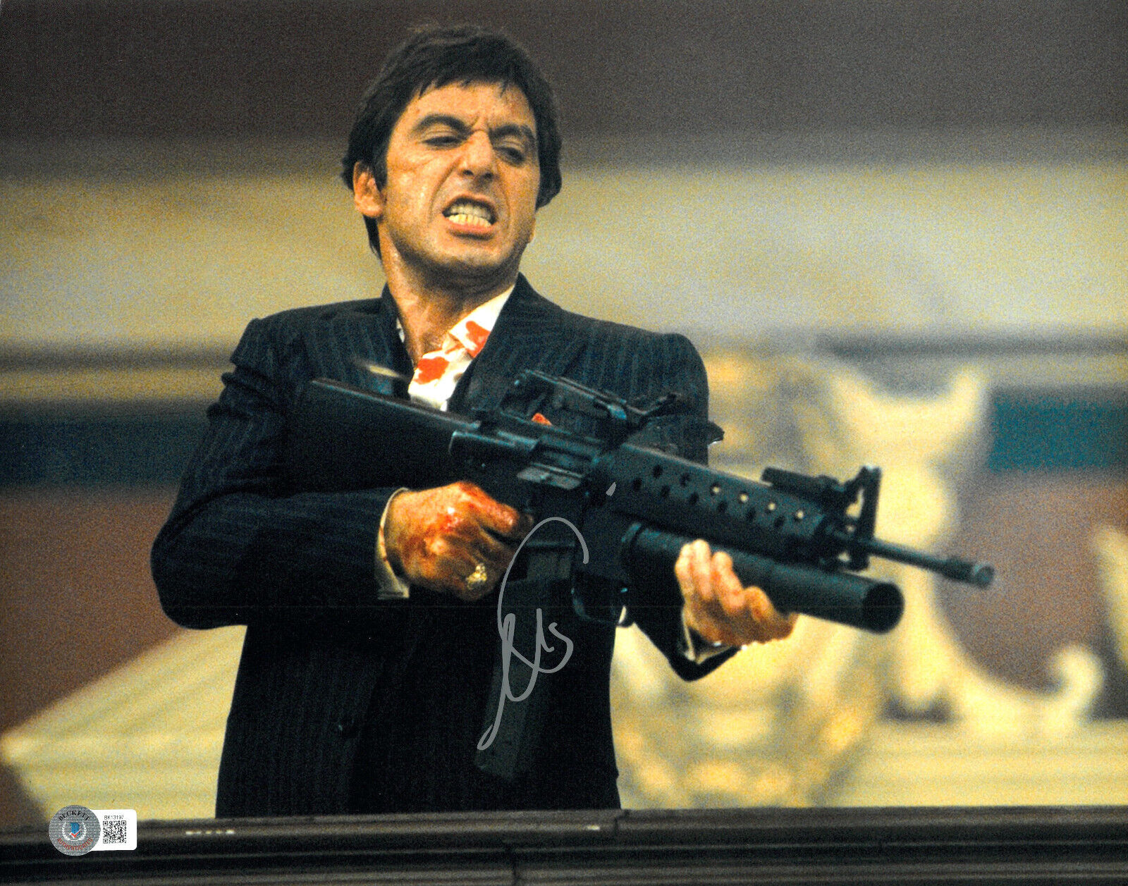 AL PACINO SIGNED SCARFACE 'WITH GUN' AUTOGRAPHED 11X14 PHOTO BAS BECKETT