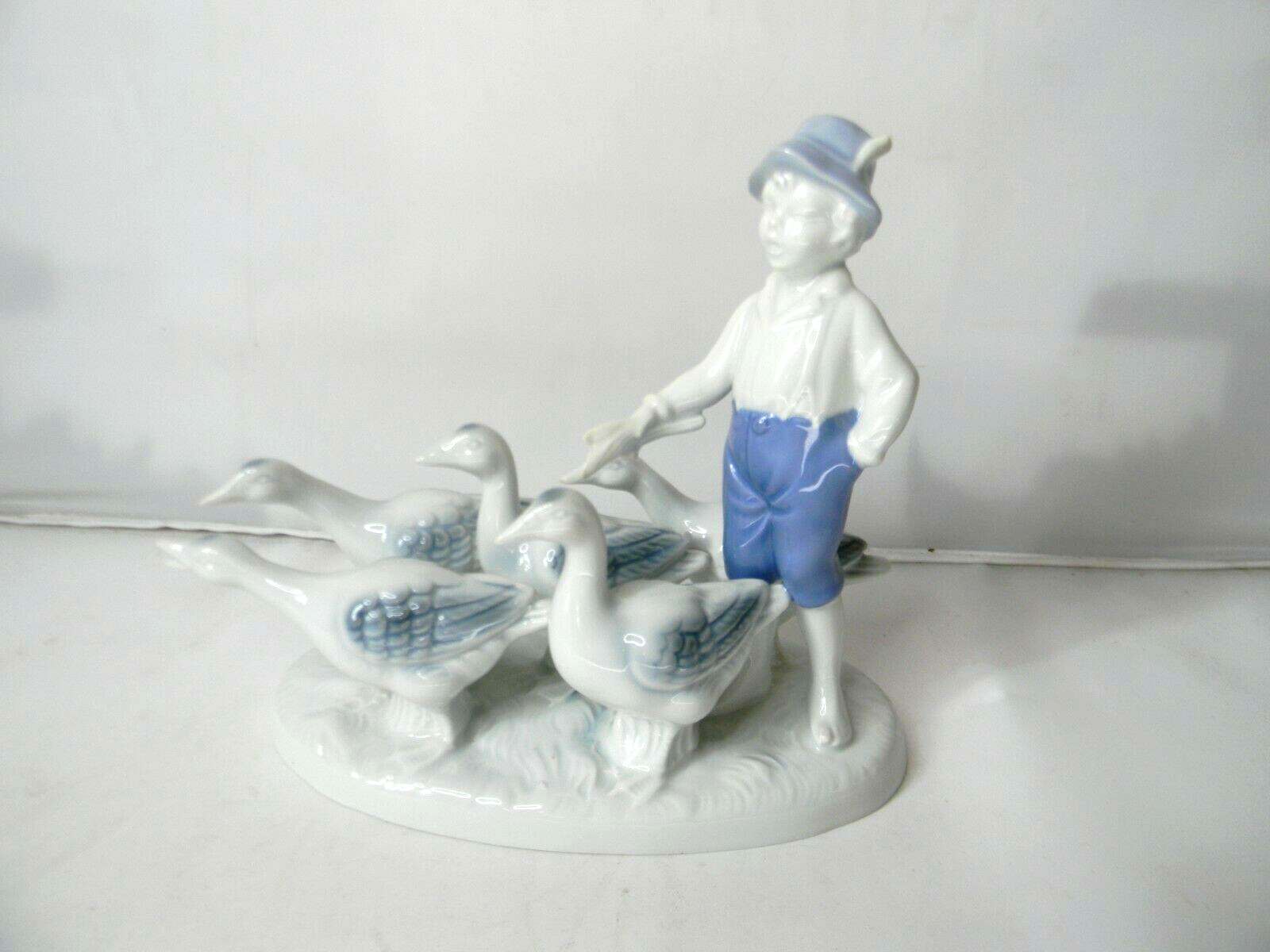 GEROLD Porcelain Farm Boy and Geese Flock Figurine Blue White W. Germany #7514