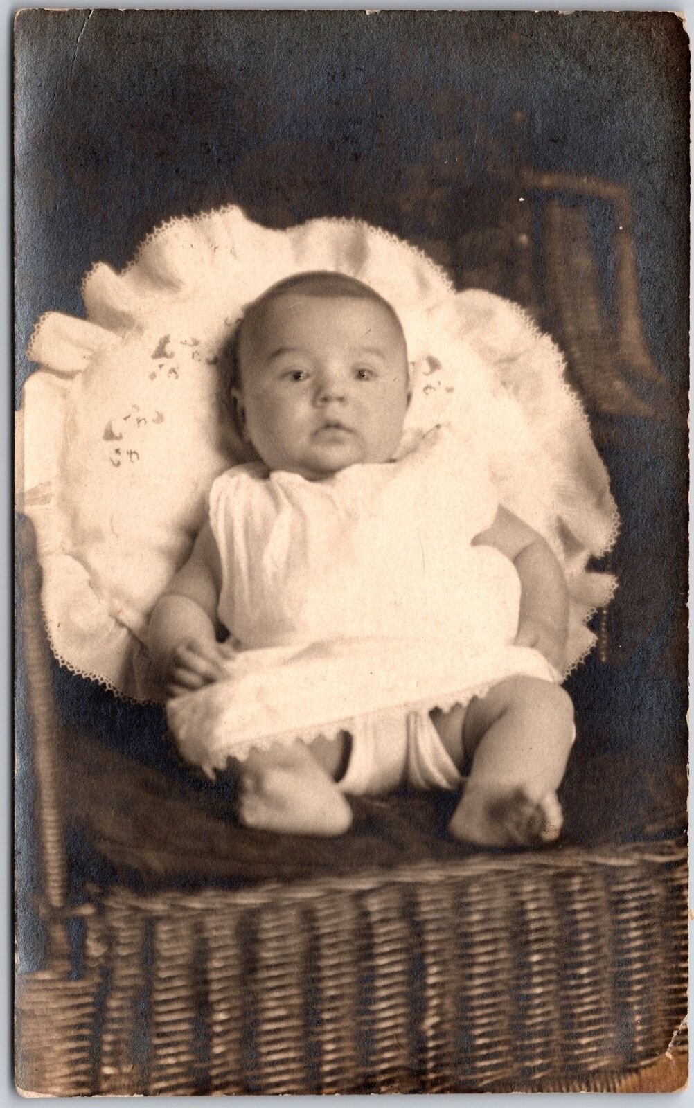Baby Infant Photograph Lying in Round Pillow Cute Chubby Cheek RPPC Postcard