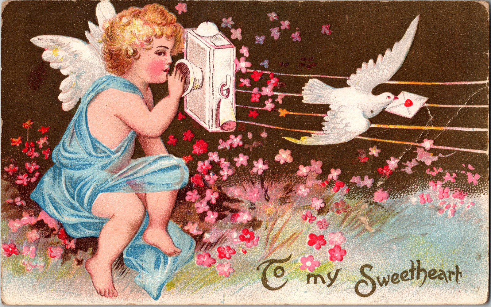Angel Valentine Postcard 1913 Cherub Talking on a Western Electric Style Phone