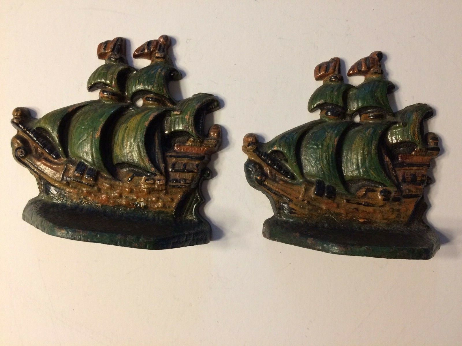 Antique Handpainted Metal Ship Bookends Pirate Captain Spanish Galleon Boat B11