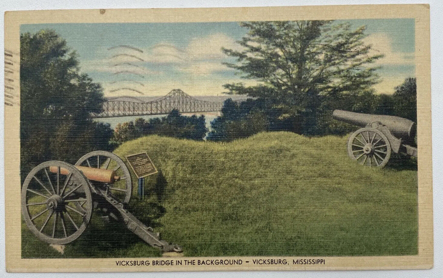 Postcard MS Vicksburg Bridge In The Background Vicksburg Mississippi