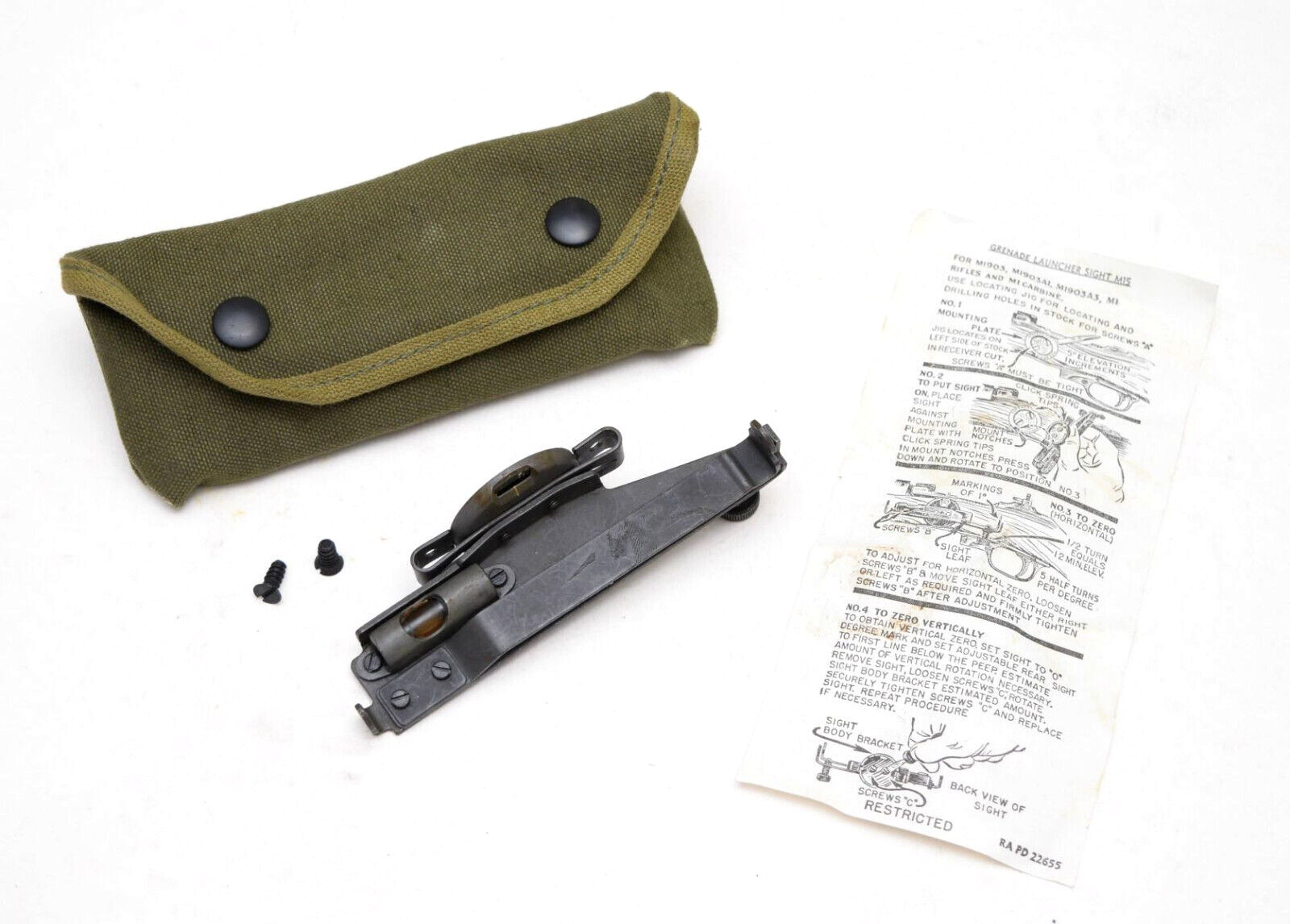 USGI WW2 1944 Grenade Launcher Sight in Canvas Pouch Complete Set