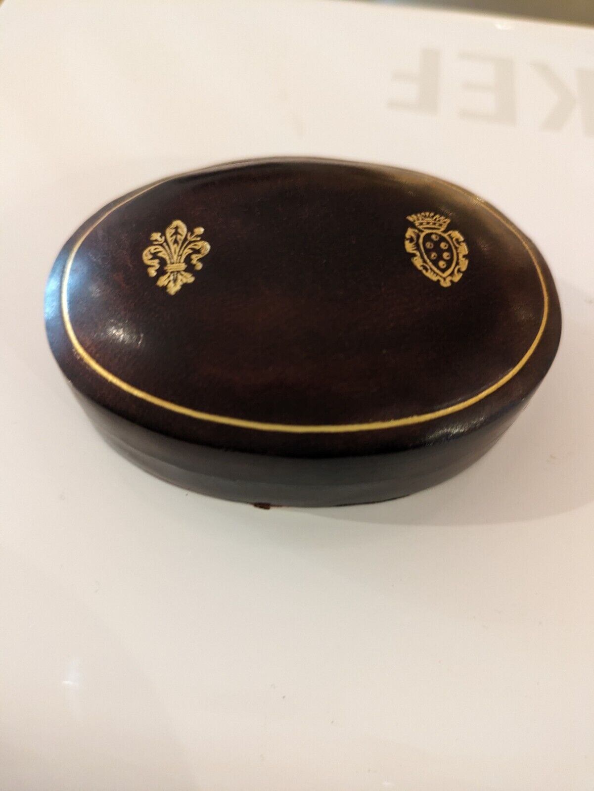 Vintage ITALIAN LEATHER Trinket Box-oval shaped leather-covered NICE CONDITION