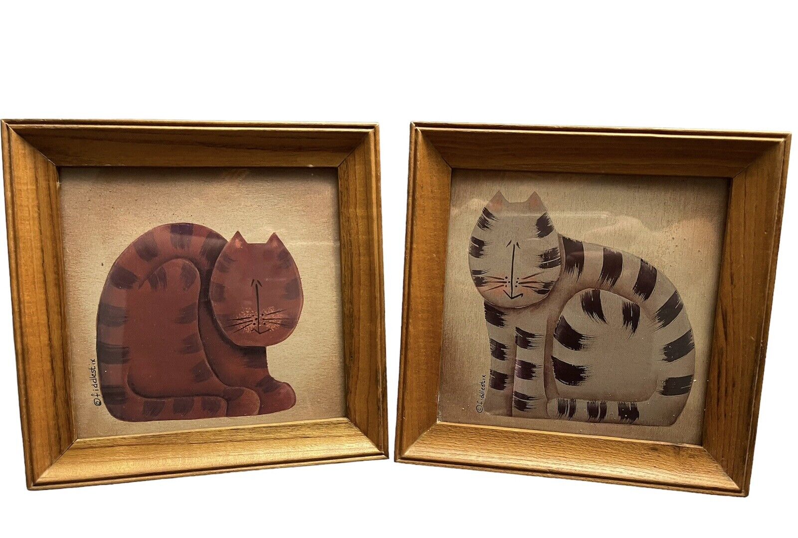 Set Of 2 Vintage Framed 7.5”x7.5” Striped Cats signed Fiddlestix, Folk Art EUC