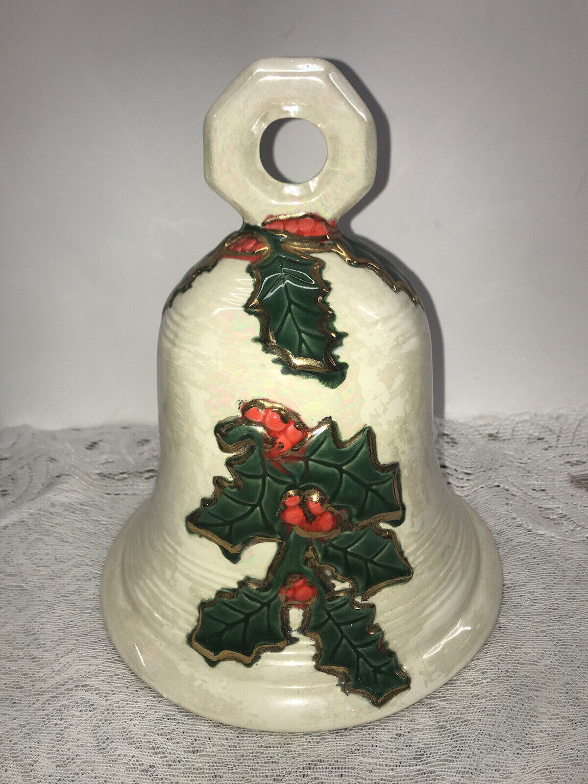 Vtg Ceramic Mold Hand Painted Lg 8 3/4” Tall Bell Christmas Holly  Red Clapper