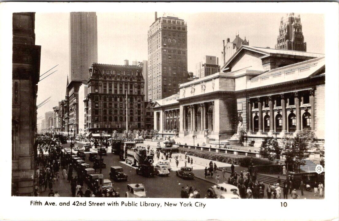 RPPC New York City, 5th Ave. 42nd St. Library, double Decker Bus, Cars  Postcard