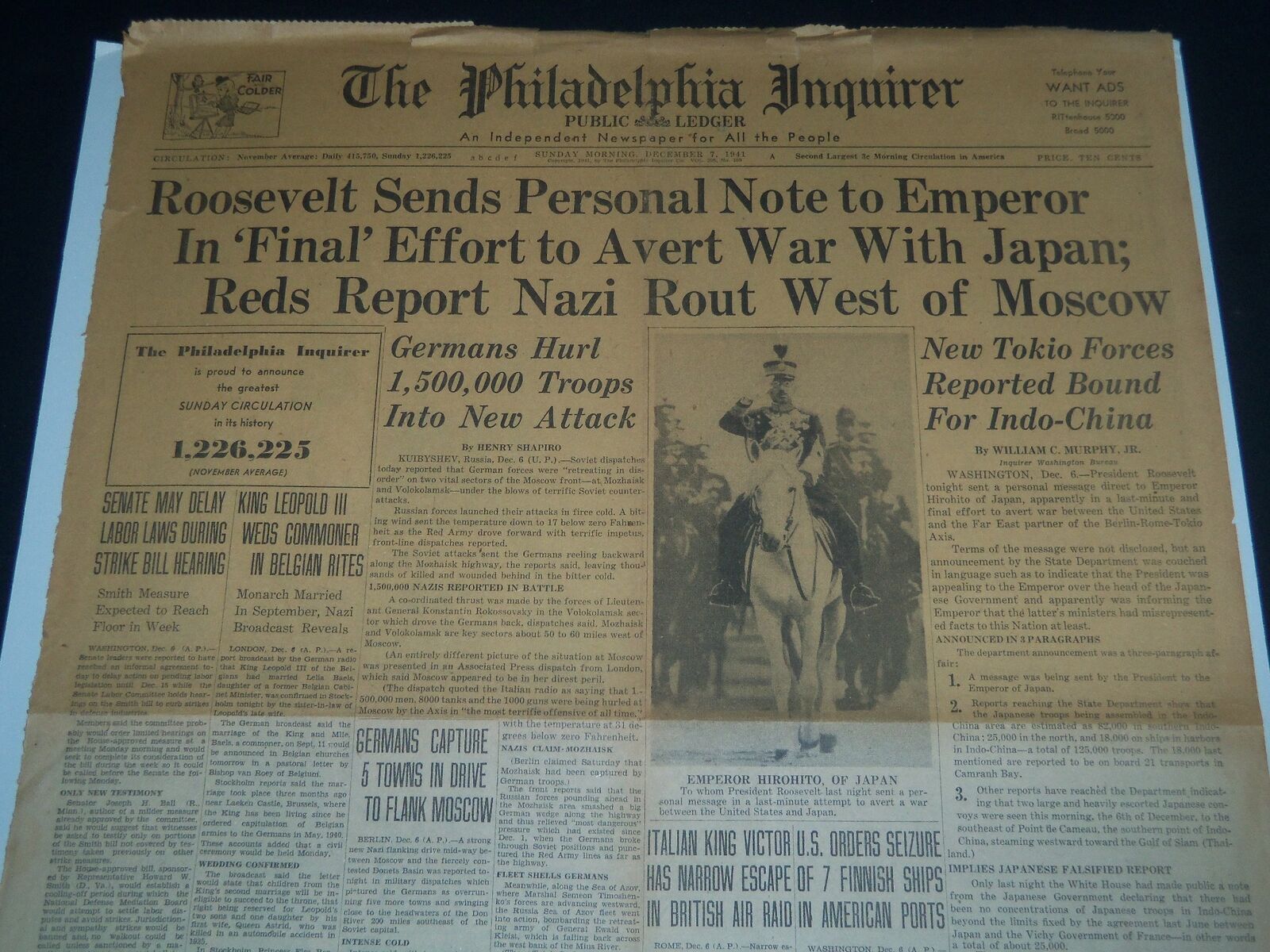 1941 DEC 7 PHILADELPHIA INQUIRER -ROOSEVELT SENDS PERSONAL NOTE EMPEROR- NT 7512