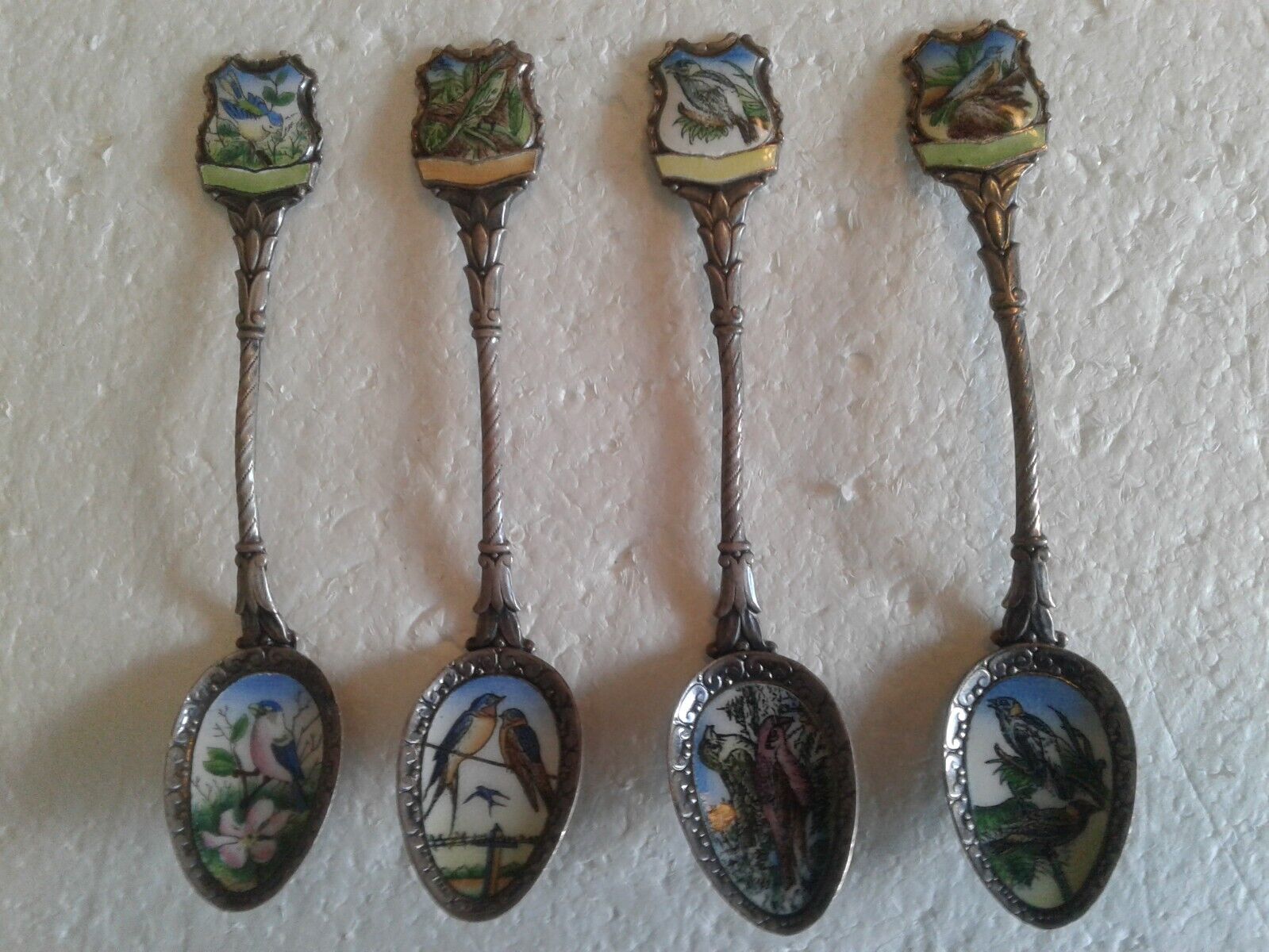 Lot of 4 Vintage Klepa Arts Czechoslovakia Silver Enamel Spoons Birds