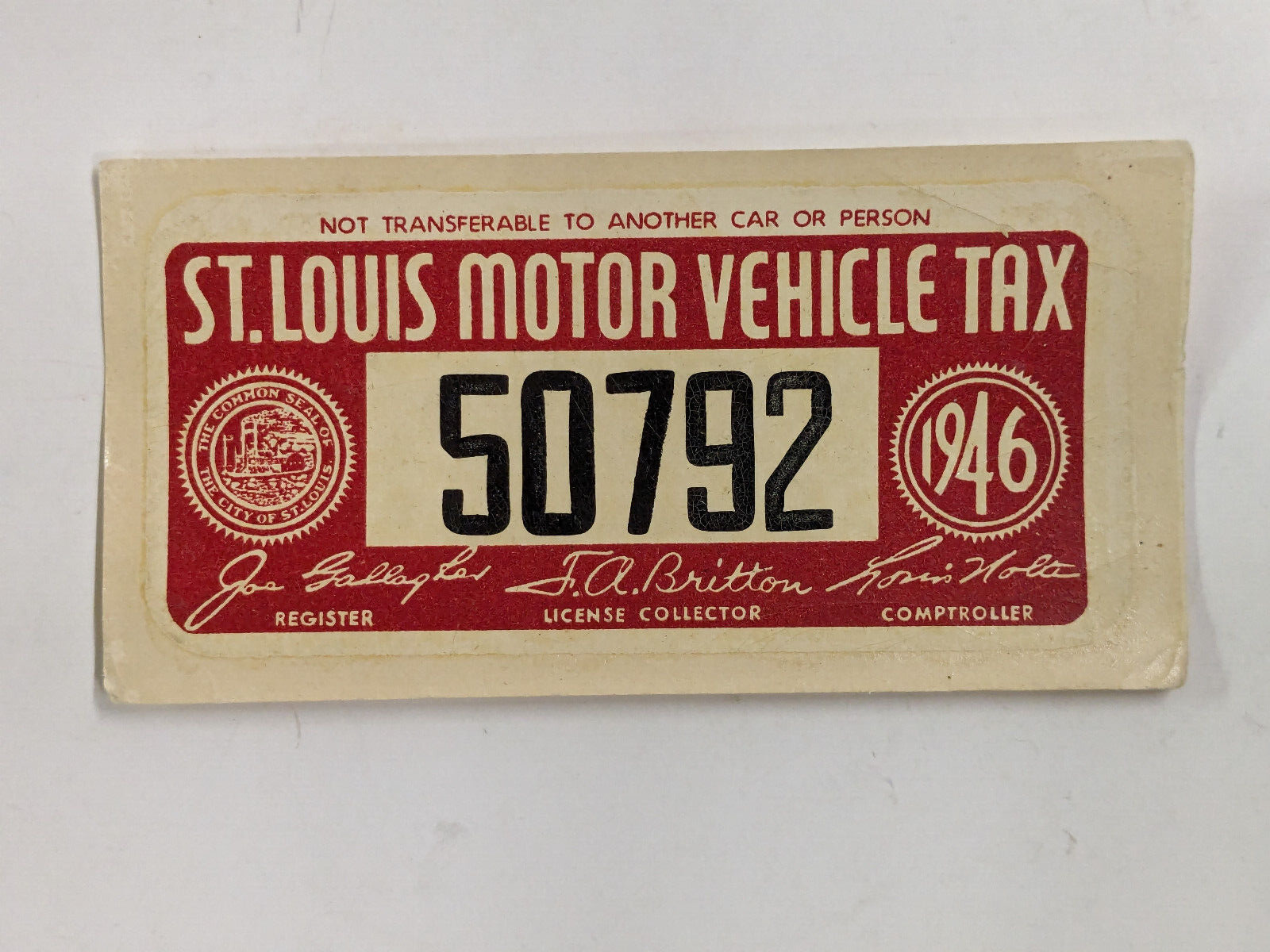 1946  St. Louis Motor Vehicle Tax Window Decal