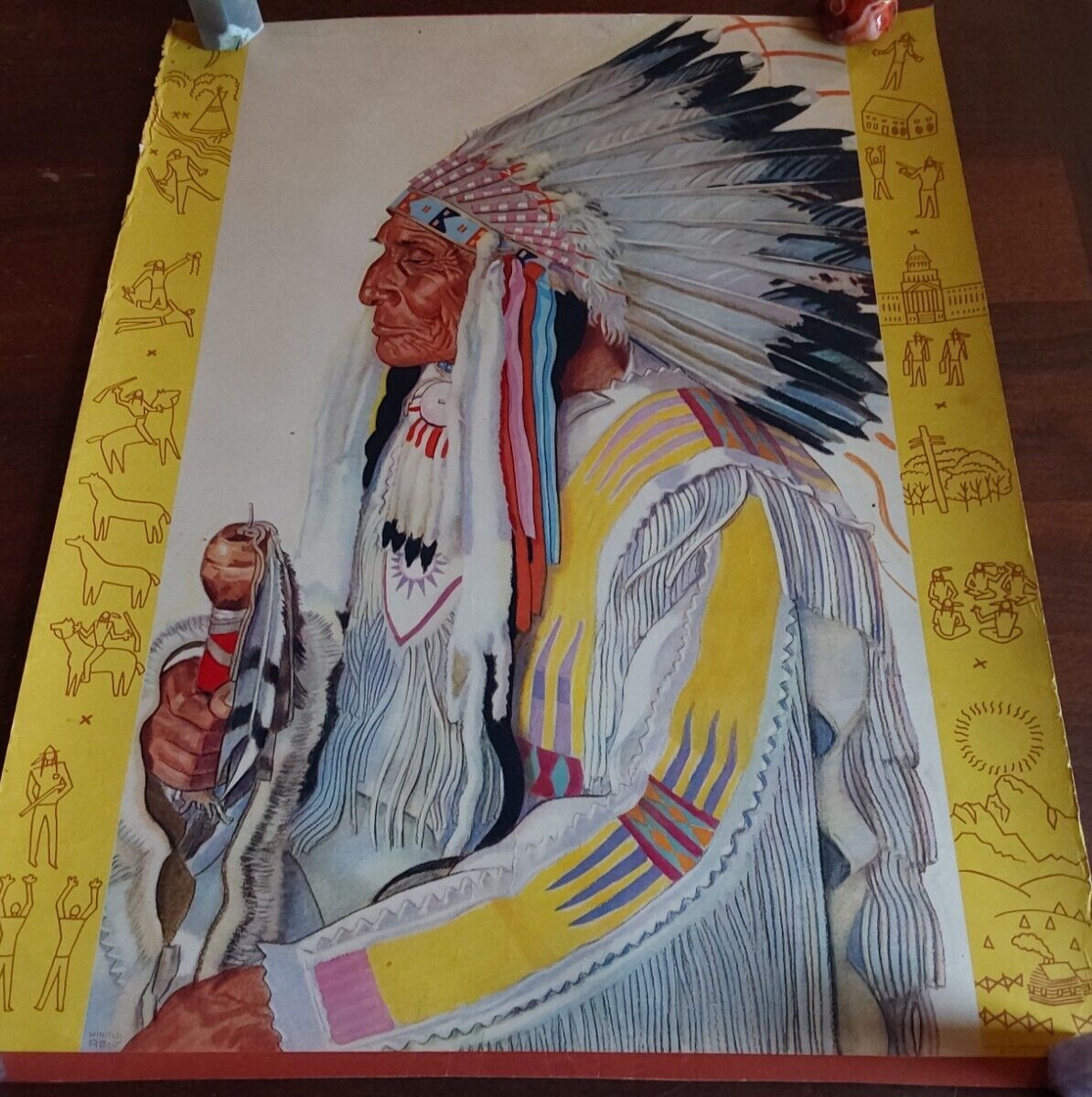 Vintage 1944 Winold Reiss Indian Head Artwork Poster Great Northern 15x18