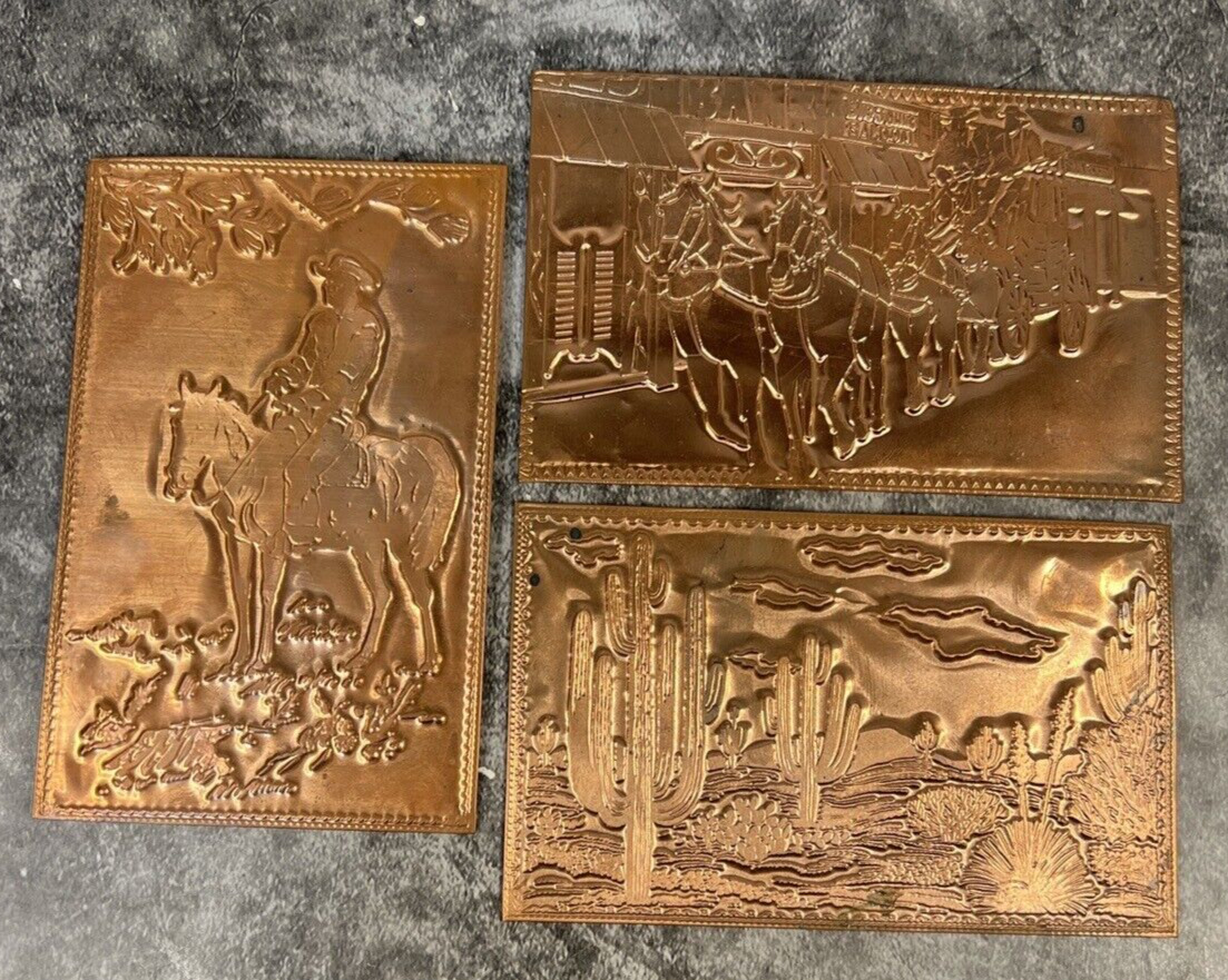 3 Vintage KOPPER KARD Engraved Copper Postcards -Southwest Cowboy Saguaro Cactus