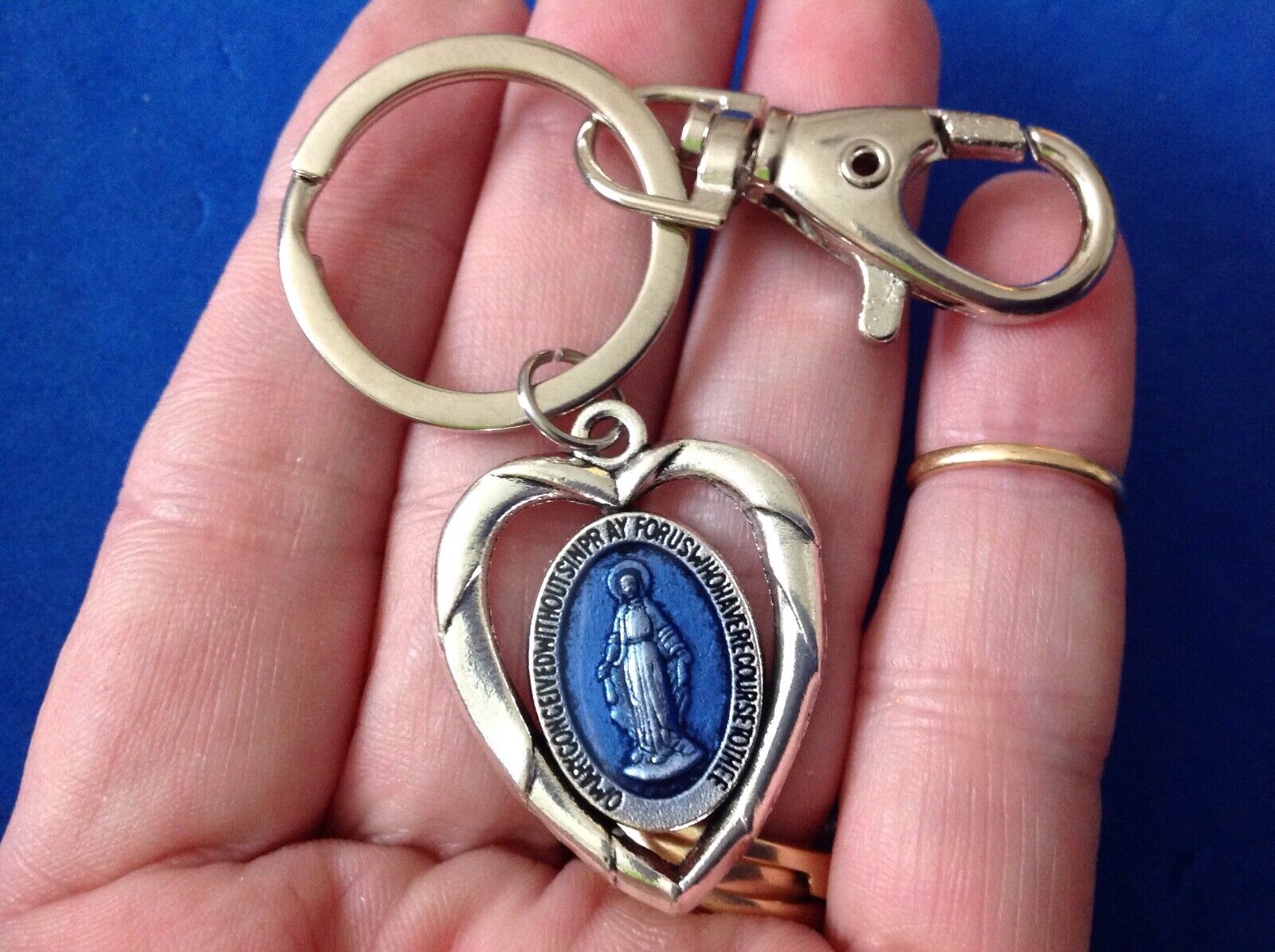 MIRACULOUS Heart Saint Medal KEYCHAIN KEY RING Blue Enamel Virgin Mary