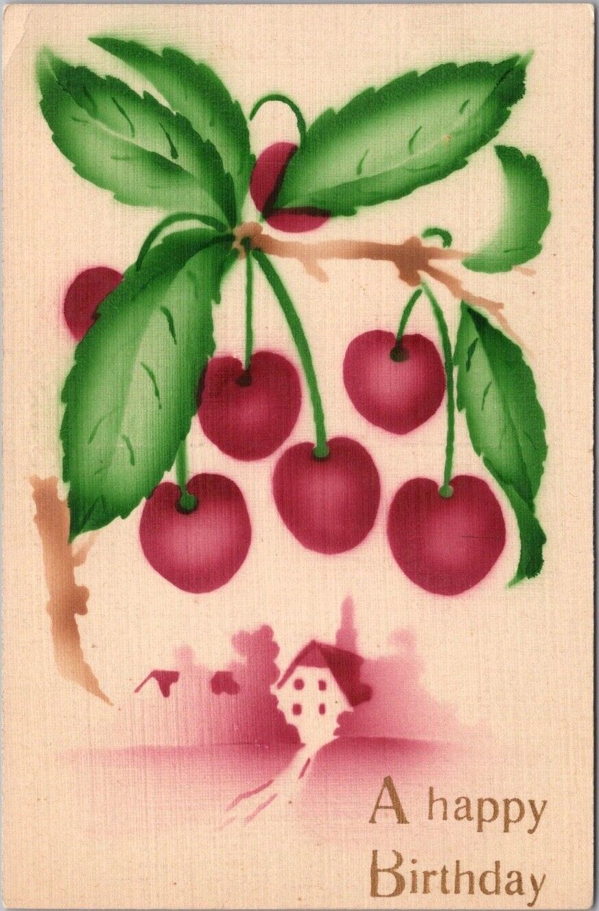 c1910s HAPPY BIRTHDAY Greetings Postcard Air-Brushed Cherries / House Scene