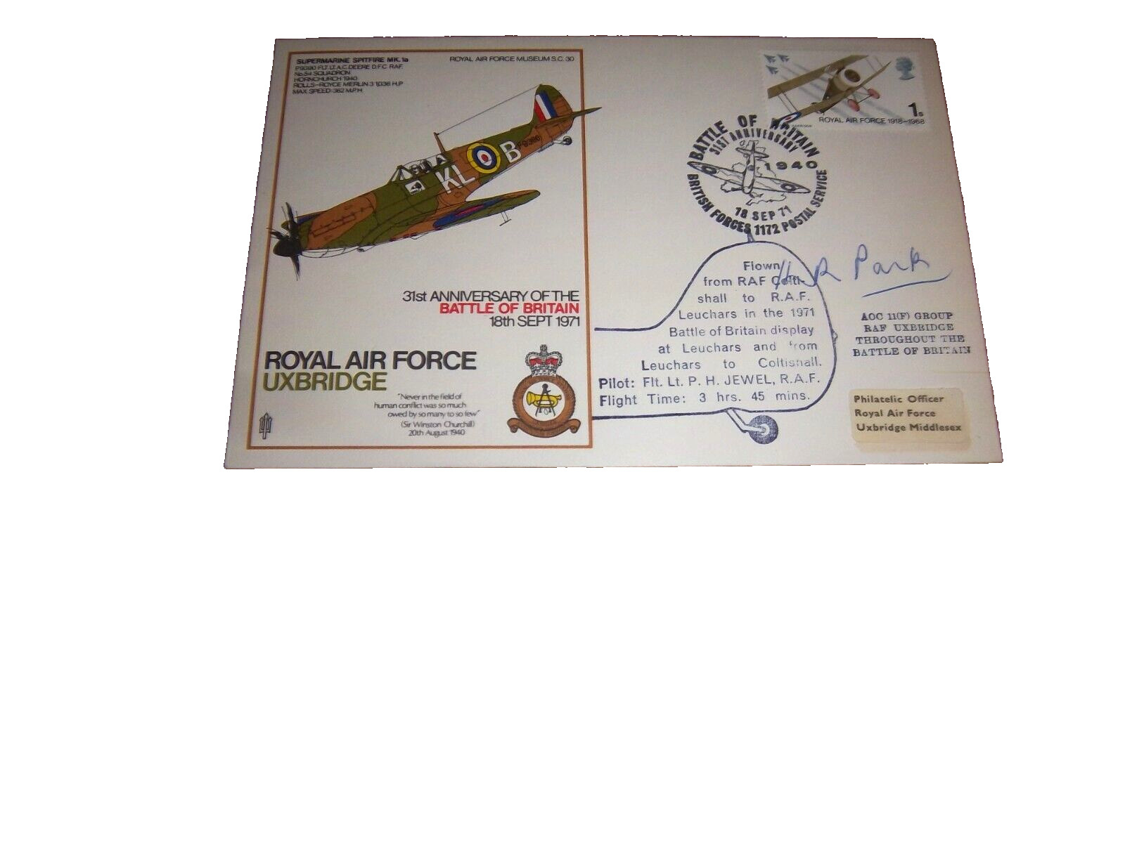 RARE - RAF SC 30 AIR CHIEF MARSHAL SIR KEITH PARK SIGNED BATTLE OF BRITAIN COVER