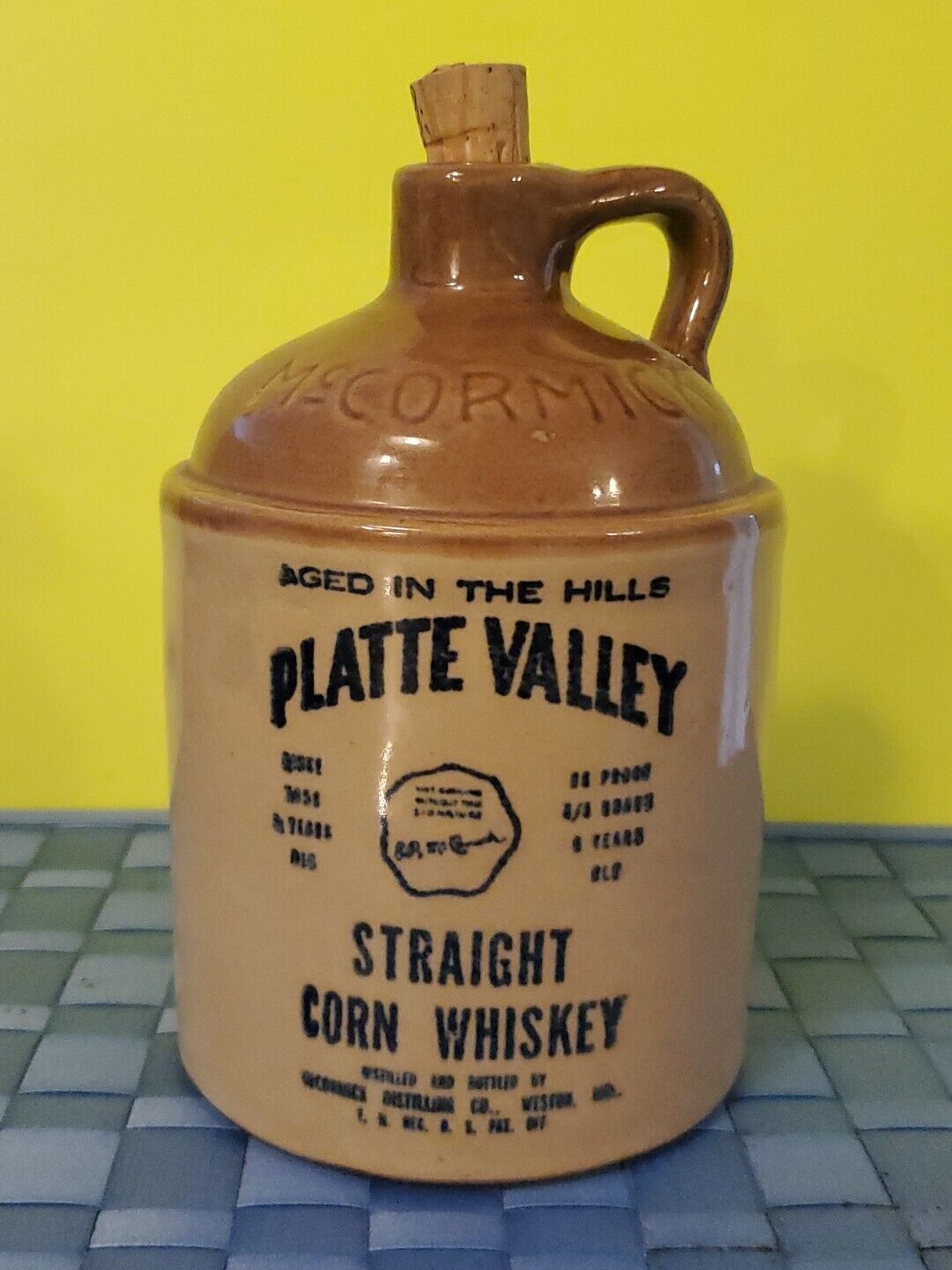 Vintage McCormick Platte Valley Straight Corn Whiskey Jug with Cork Collectible