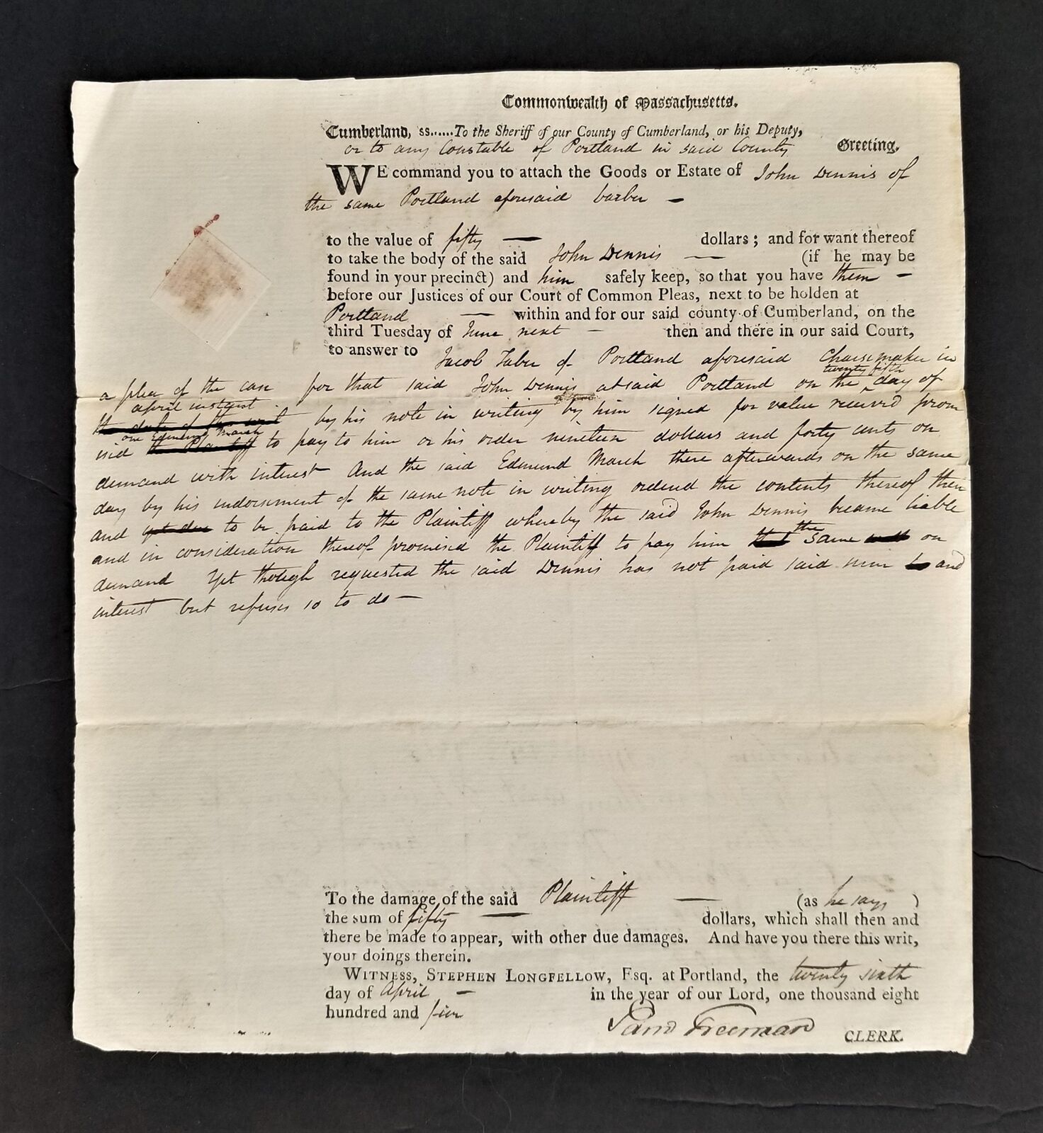 1805 antique LEGAL WRIT cumberland portland ma Jn DENNIS signed FREEMAN Patriot
