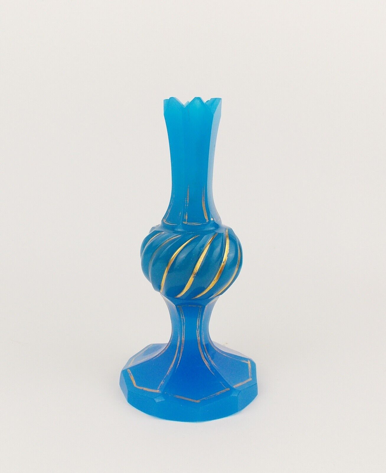 Antique 1840s Biedermeier Opaline Glass Vase w Gilded Ribs Bohemia Austria