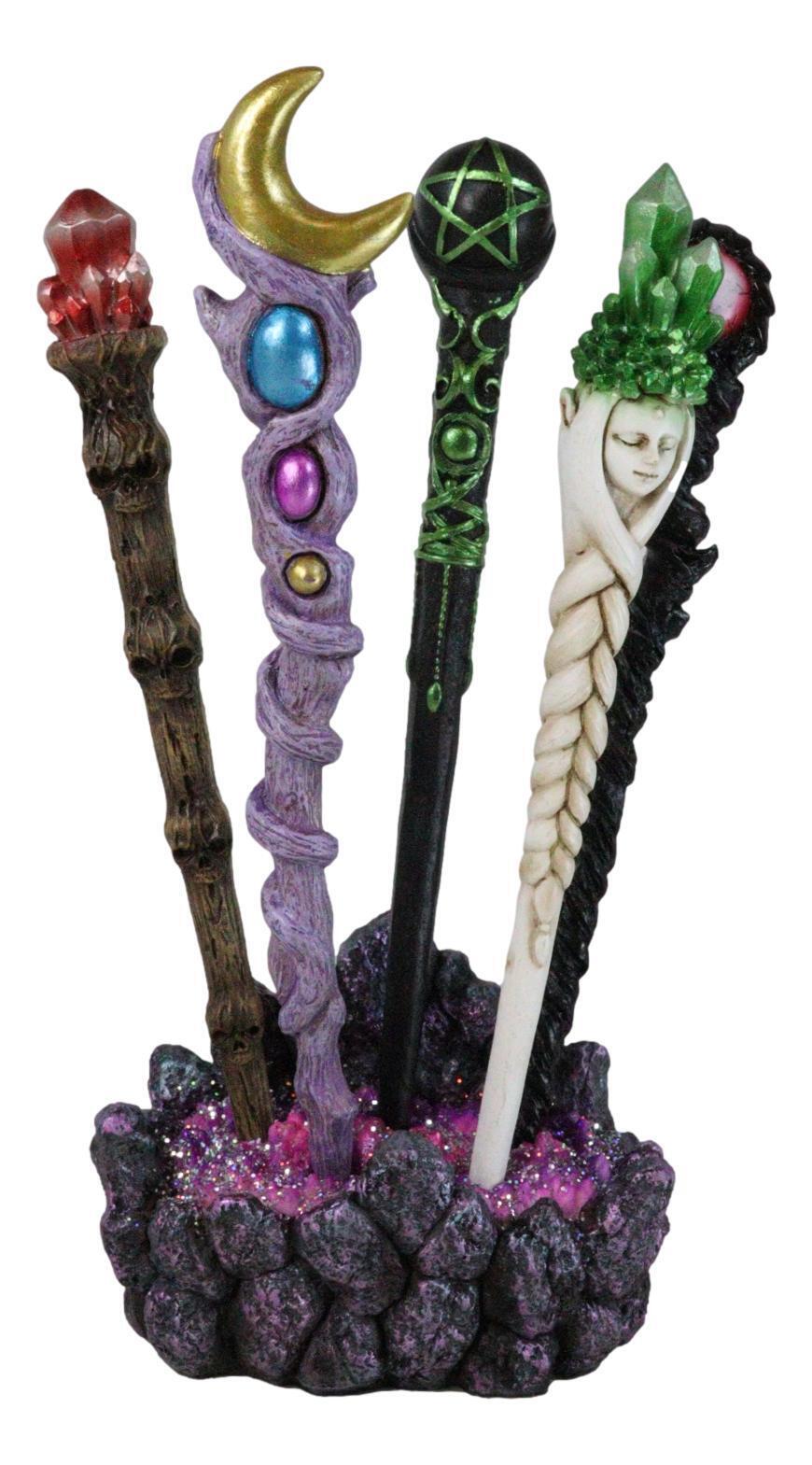 5 Assorted Wizard Magic Wands With Faux Geode Crystals Rock Holder Stand Set