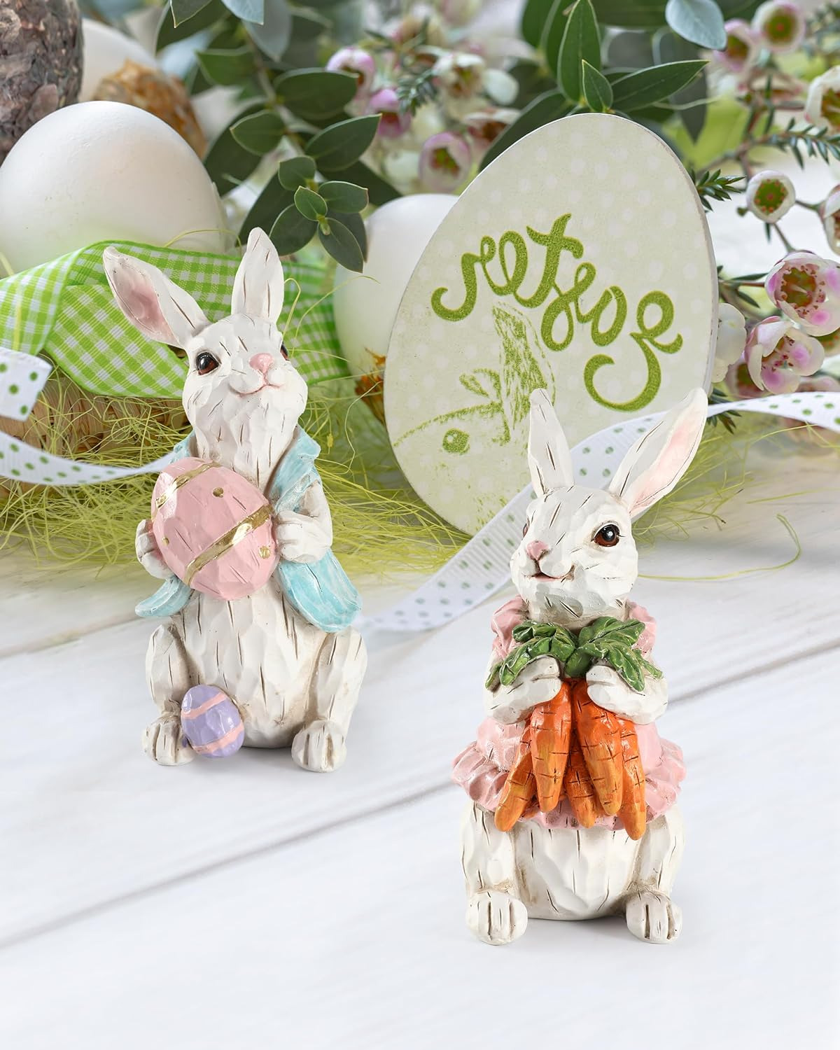 Easter Bunnies, 2 Resin 5\'\' Bunny Figurines with Resurrection Eggs & Carrots - H