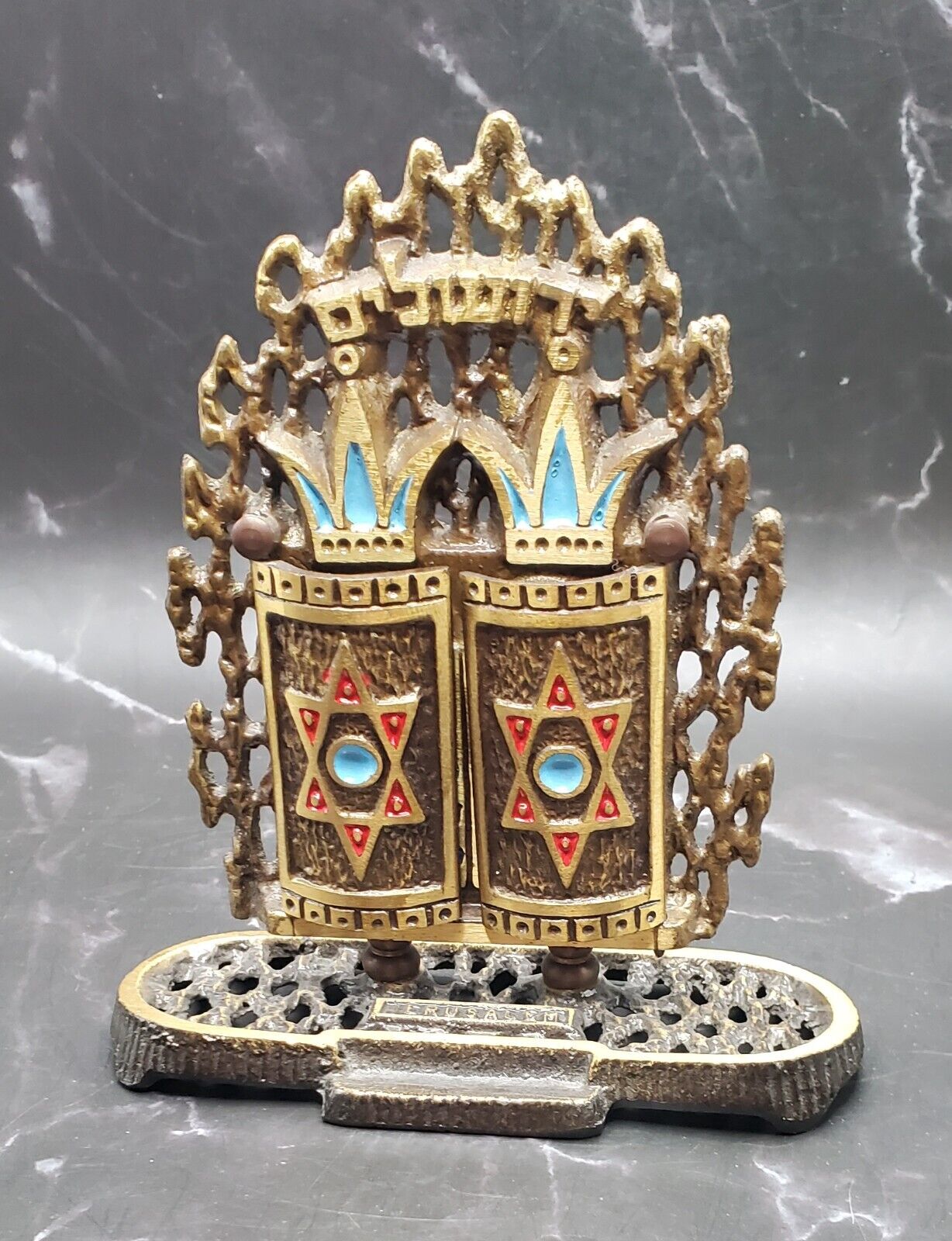 VTG 1950's Judaic Solid Brass & Enamel 10 Commandments Stand