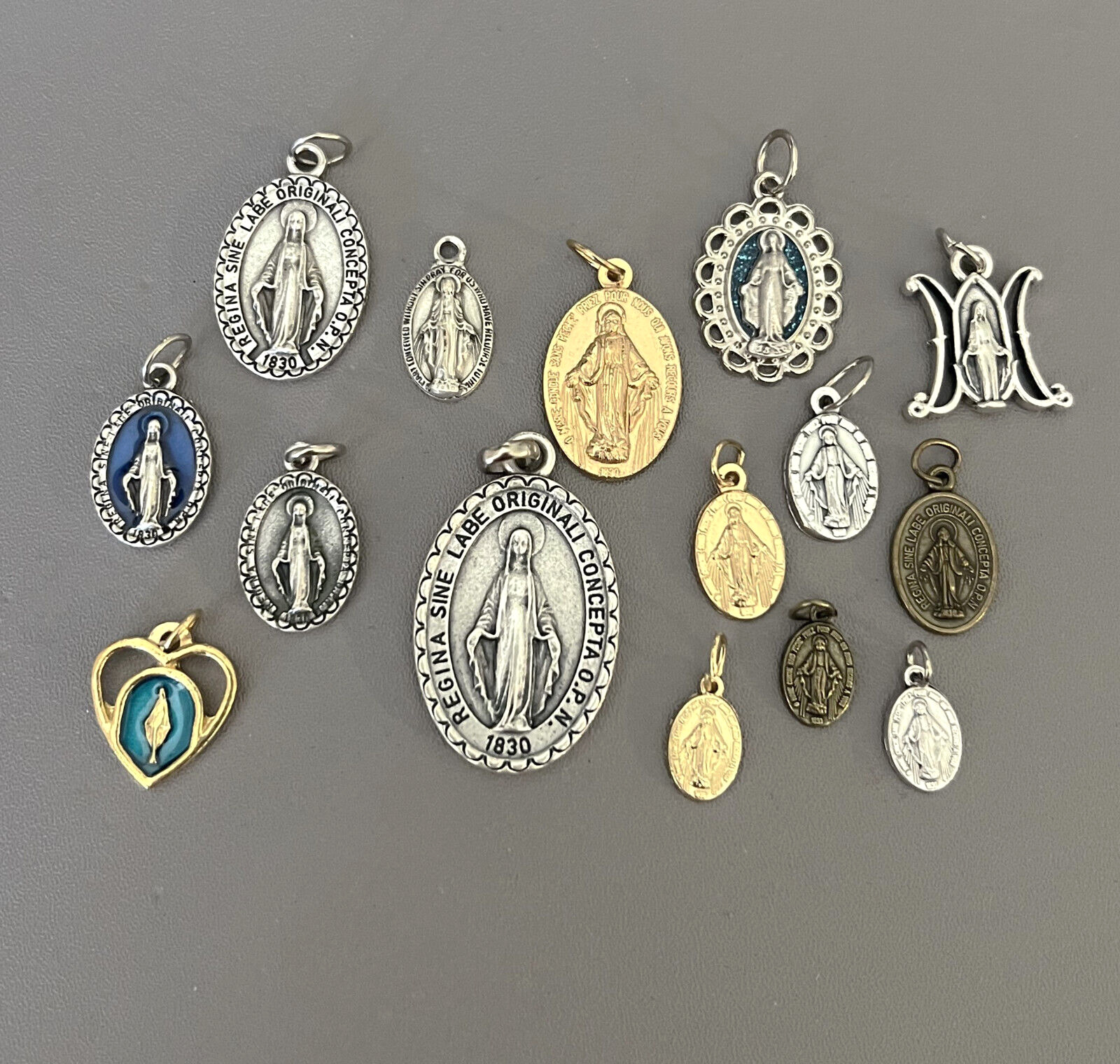 Lot 15 Miraculous Medal Holy Virgin Mary Catholic Charm ITALY Gold Silver Bronze