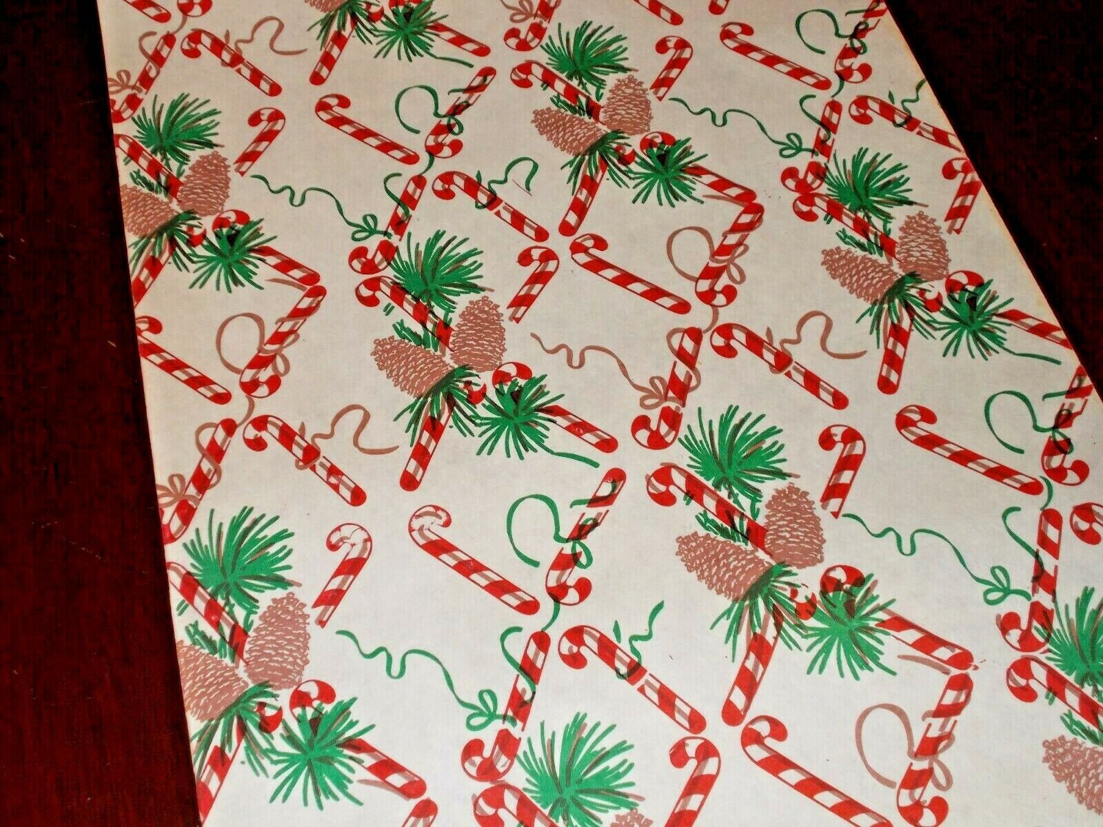 VTG CHRISTMAS 1940 WW2 WRAPPING PAPER 2 YARDS PINECONES CANDY CANES 