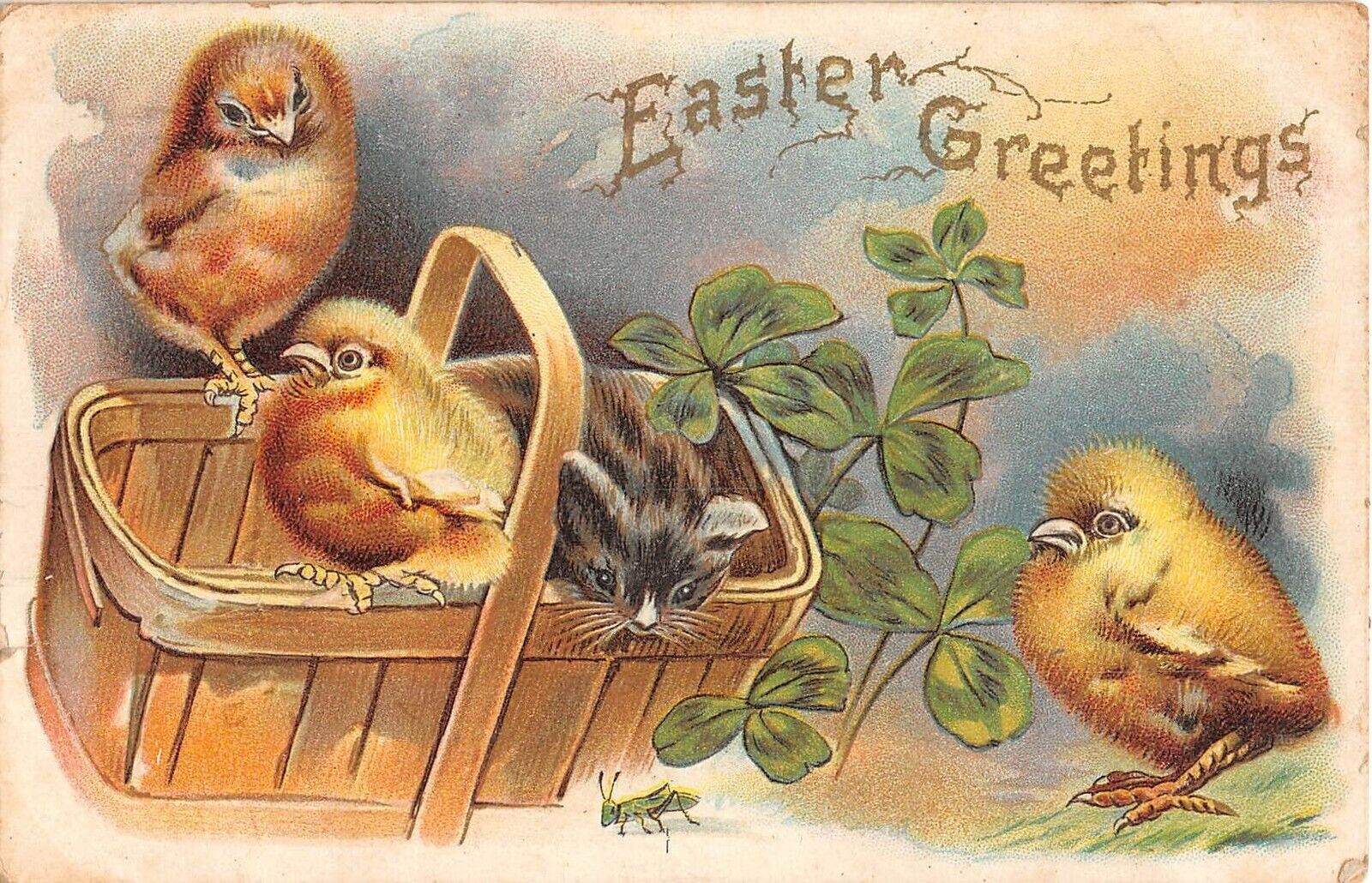 Chicks in Basket With Kitten Watching Grasshopper by 4-Leaf Clovers-1908 Easter