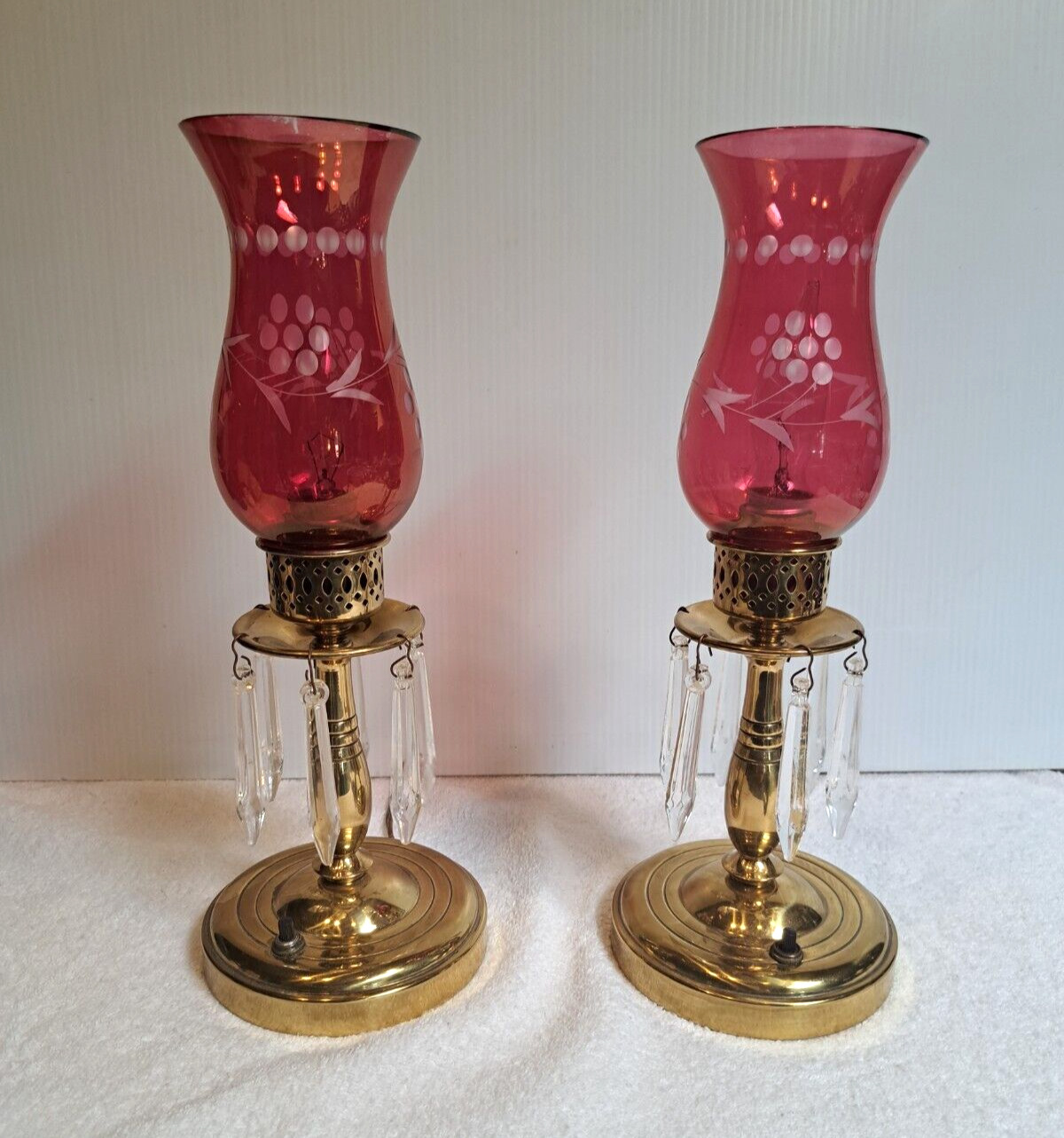 Vintage Pair Cranberry Glass Hurricane Lamps Spear Prisms, Boudoir Table Lamps
