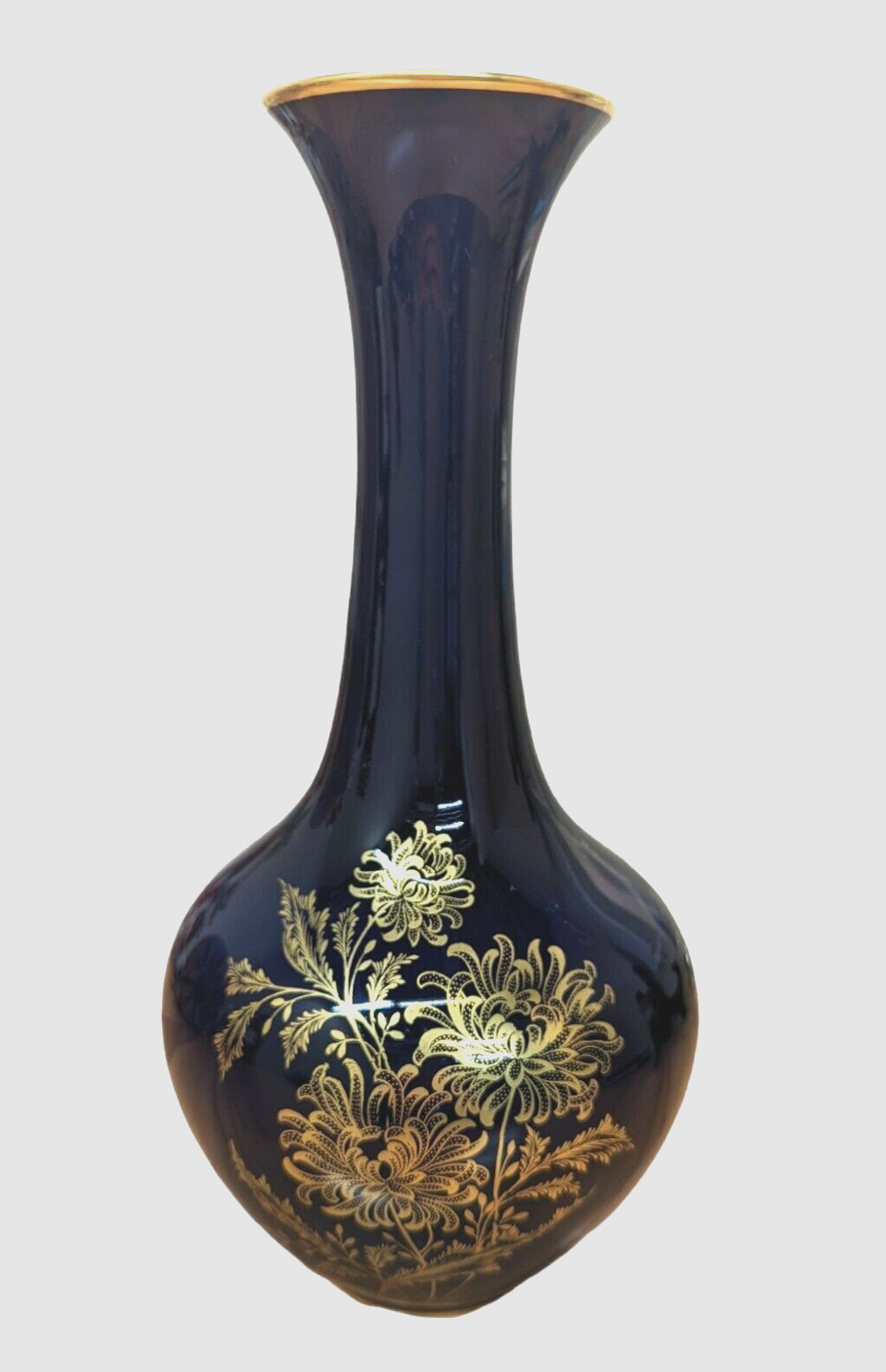 Royal KPM Echt Cobalt Blue Vase With Gold Trim Flowers Design Bavaria Germany