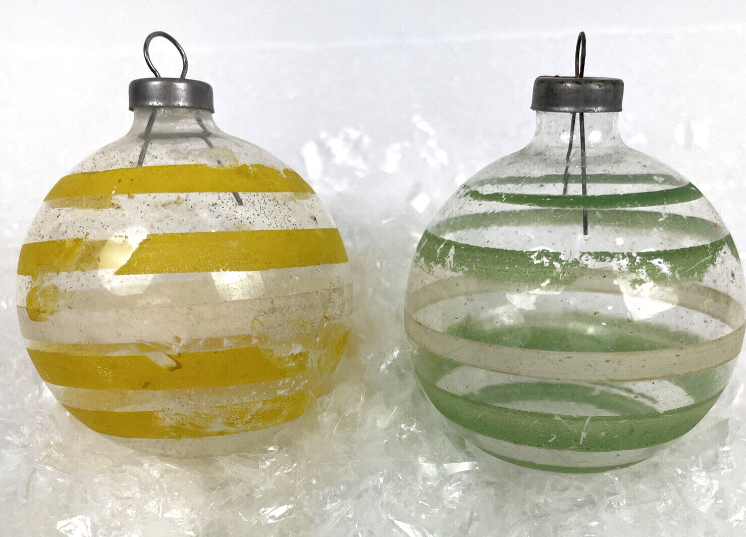 Vintage Shiny Brite Glass Christmas Ornament Unsilvered Striped Yellow Green Lot