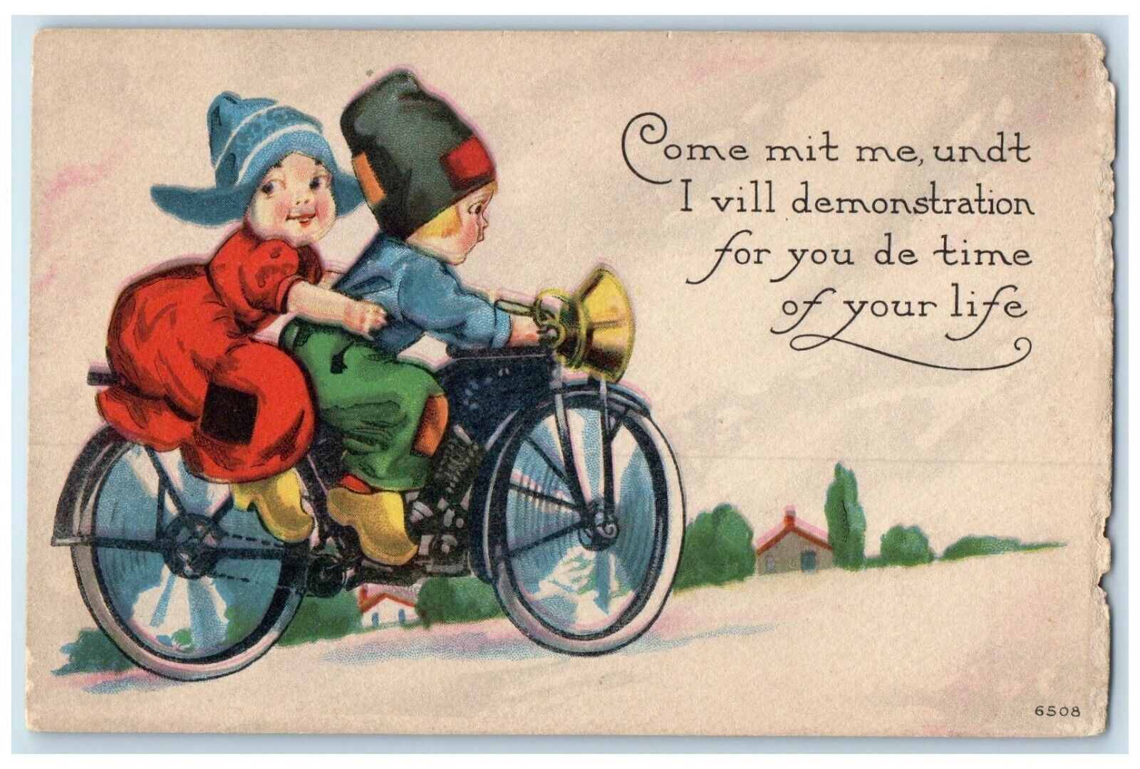 c1910's Dutch Kids Riding Motorcycle House Scene Unposted Antique Postcard