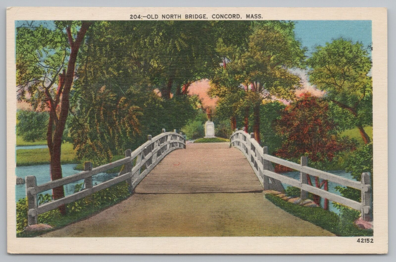 Linen~Old North Bridge Concord Massachusetts~Vintage Postcard