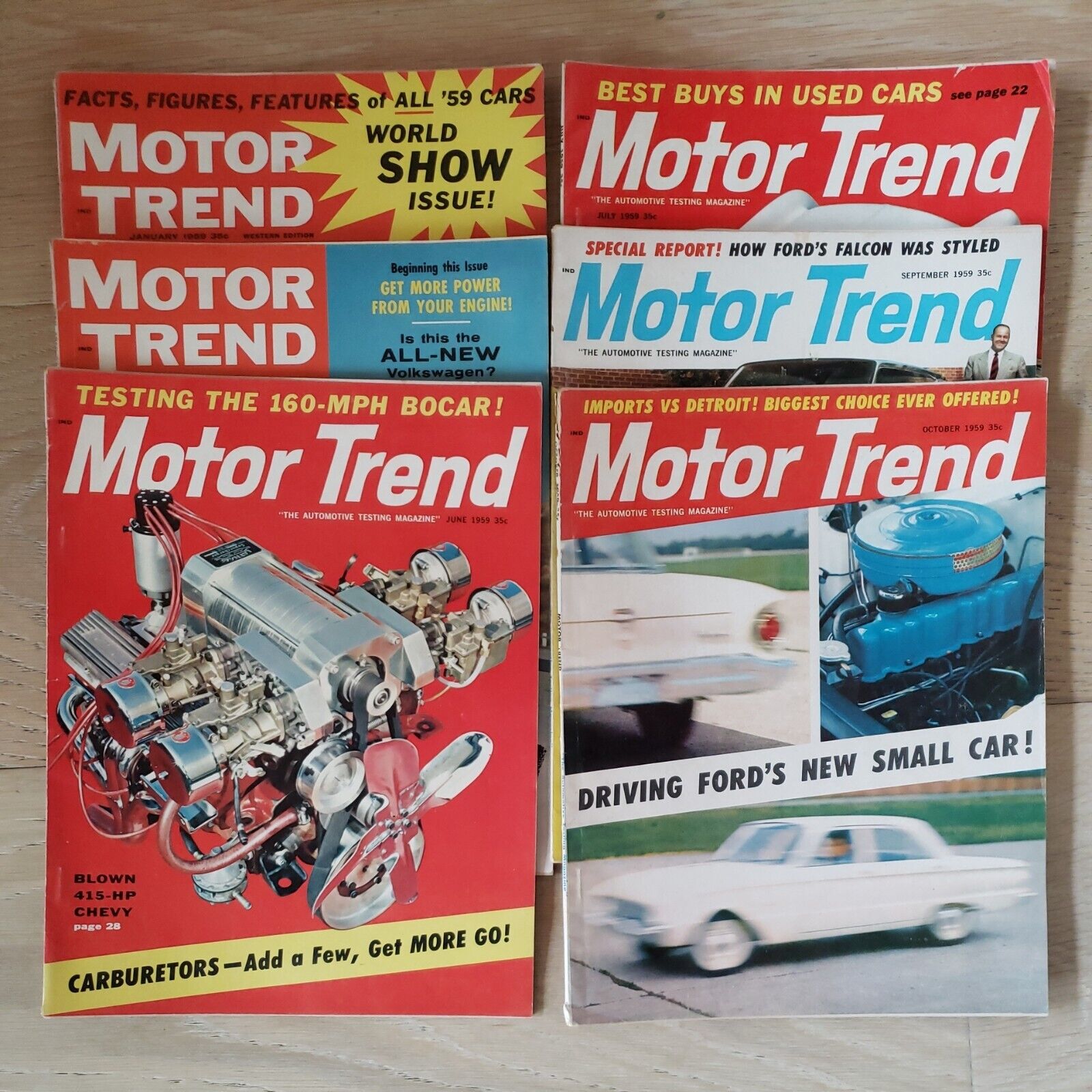 6 MOTOR TREND Lot 1959 Magazines VW Corvair Falcon Ferrari Cadillac