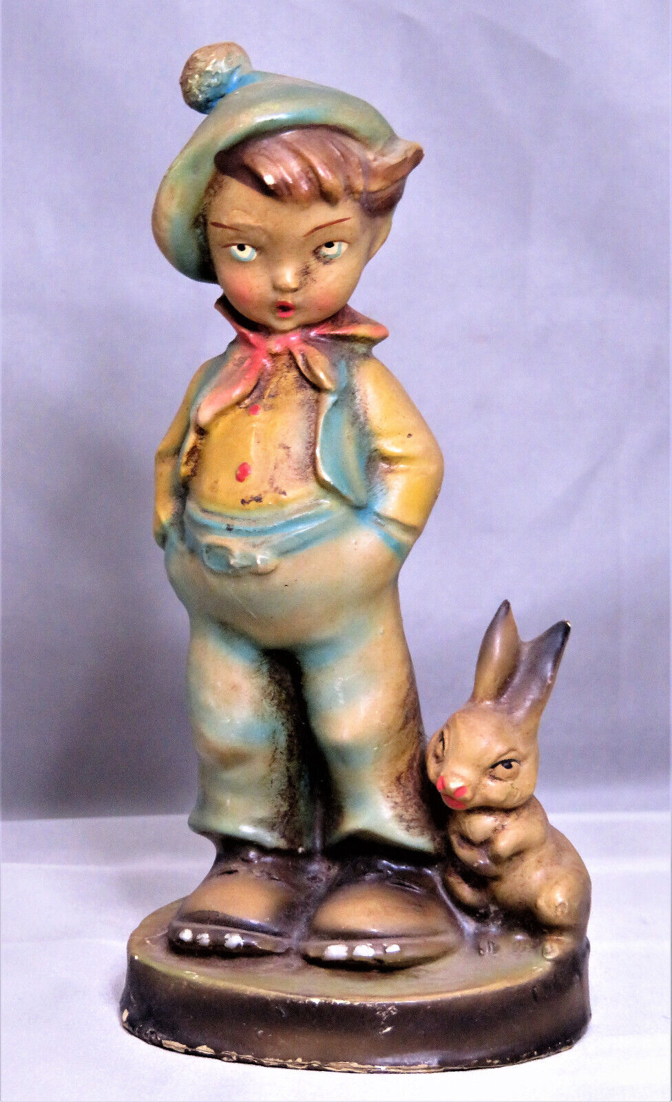 Rare Antique Figurine Haunting Boy Bunny Composite Paper Mache Plaster Italy