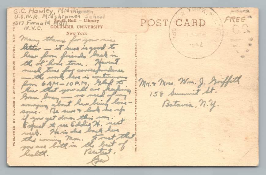 WWII Navy Sailor Soldier Mail from GC Hawley NYC Antique Columbia Postcard 1944